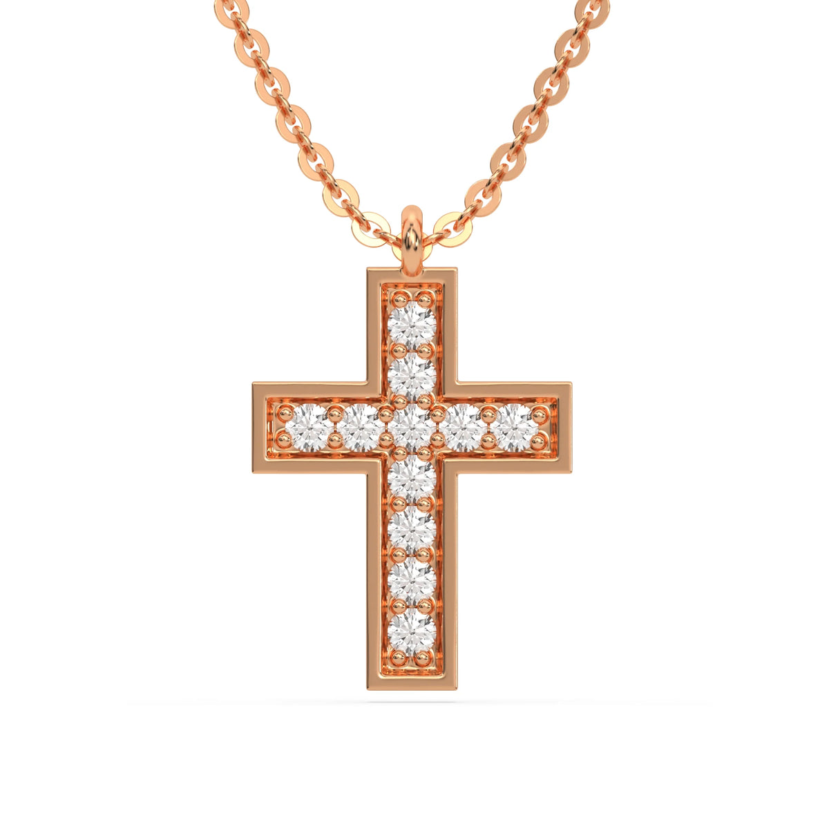 Elegant rose gold cross pendant on a round diamond necklace crafted with brilliant pave-set diamonds with a white background.