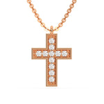 Elegant rose gold cross pendant on a round diamond necklace crafted with brilliant pave-set diamonds with a white background.
