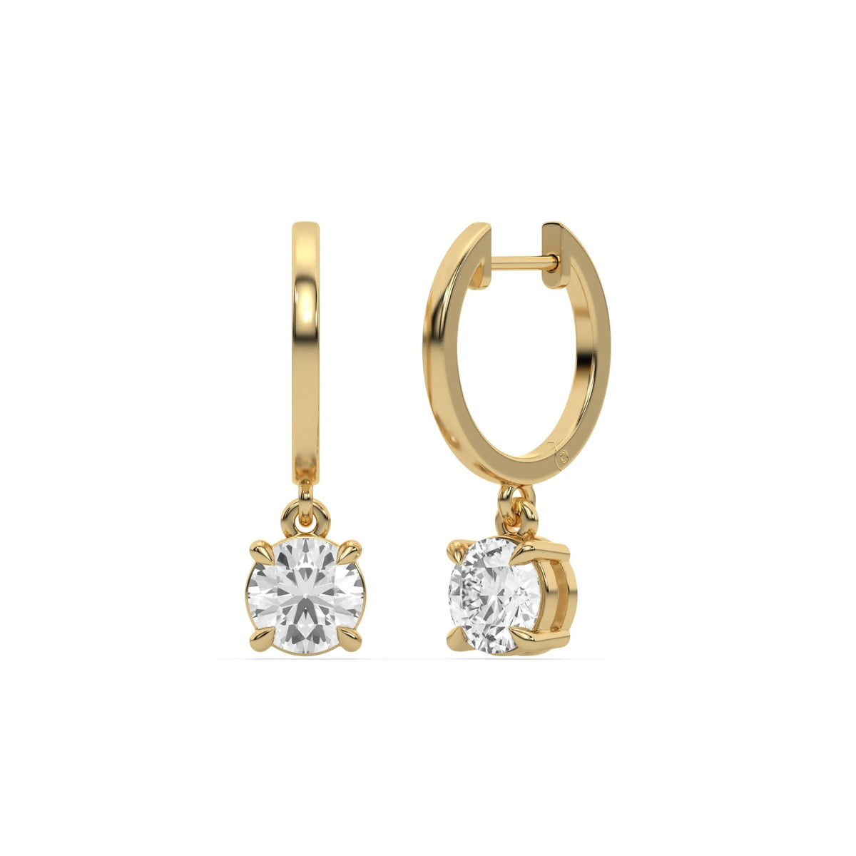 18k yellow gold round cut diamond dangling hoop earrings in prongs setting