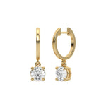 18k yellow gold round cut diamond dangling hoop earrings in prongs setting