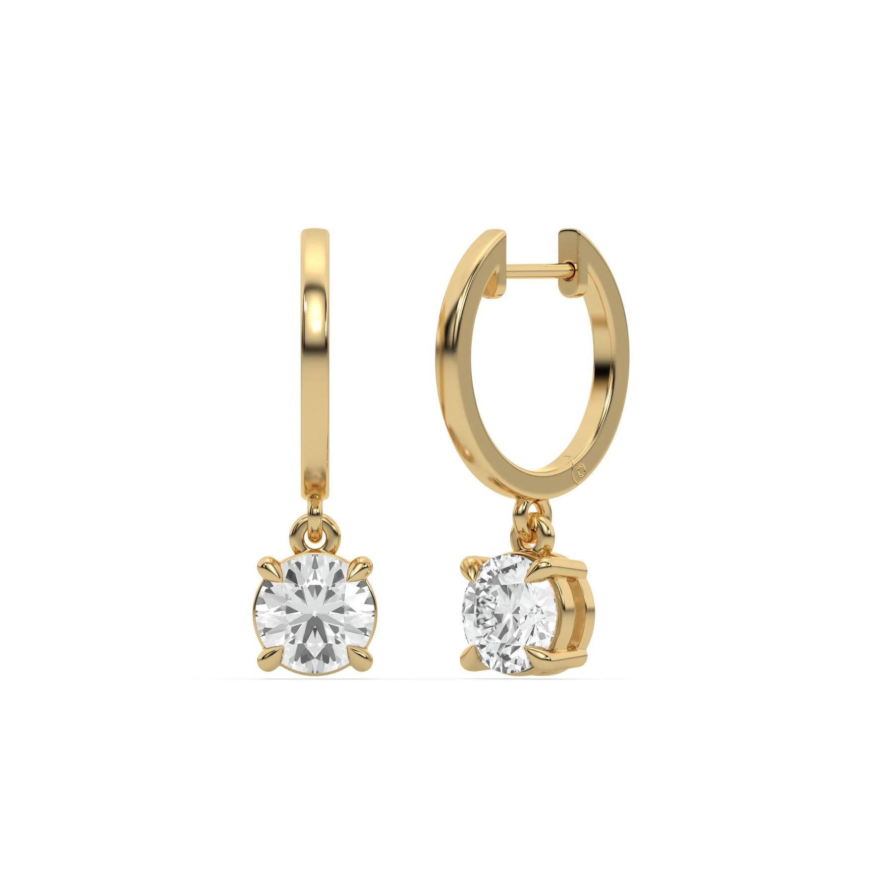 18k yellow gold round cut diamond dangling hoop earrings in prongs setting