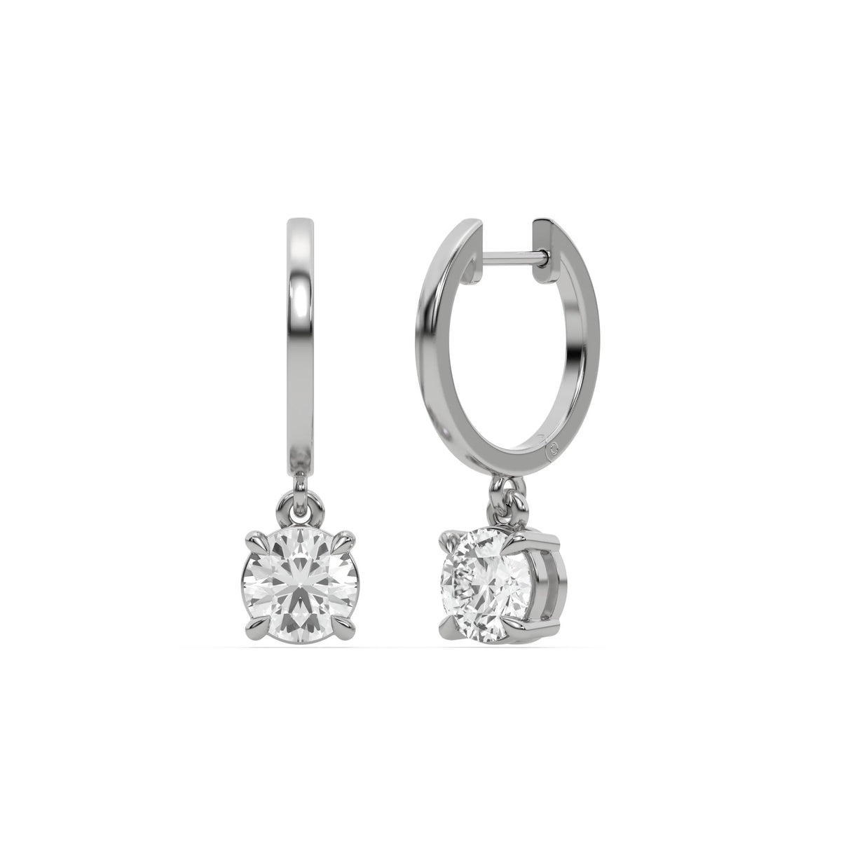 18k yellow gold round cut diamond dangling hoop earrings in prongs setting