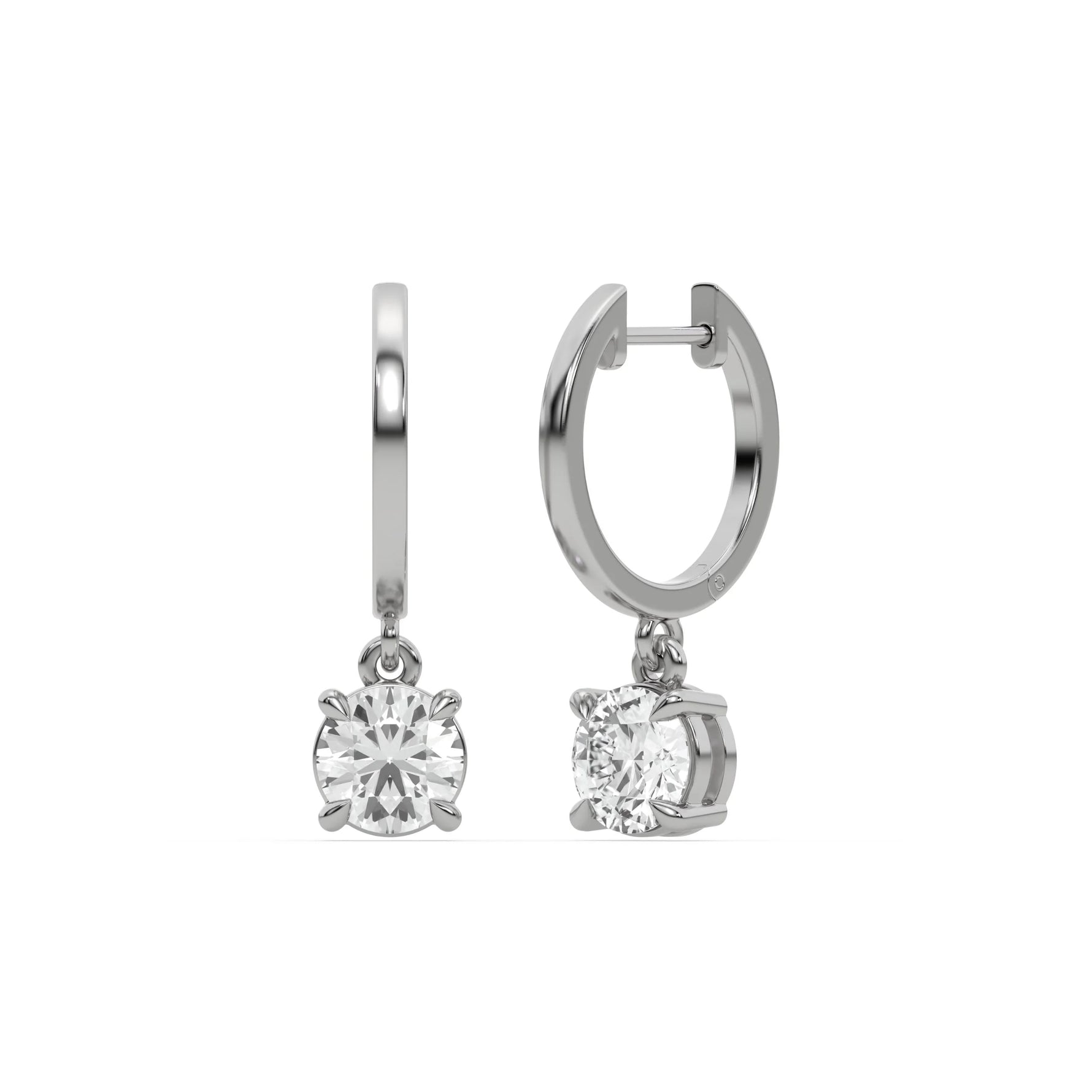 18k yellow gold round cut diamond dangling hoop earrings in prongs setting