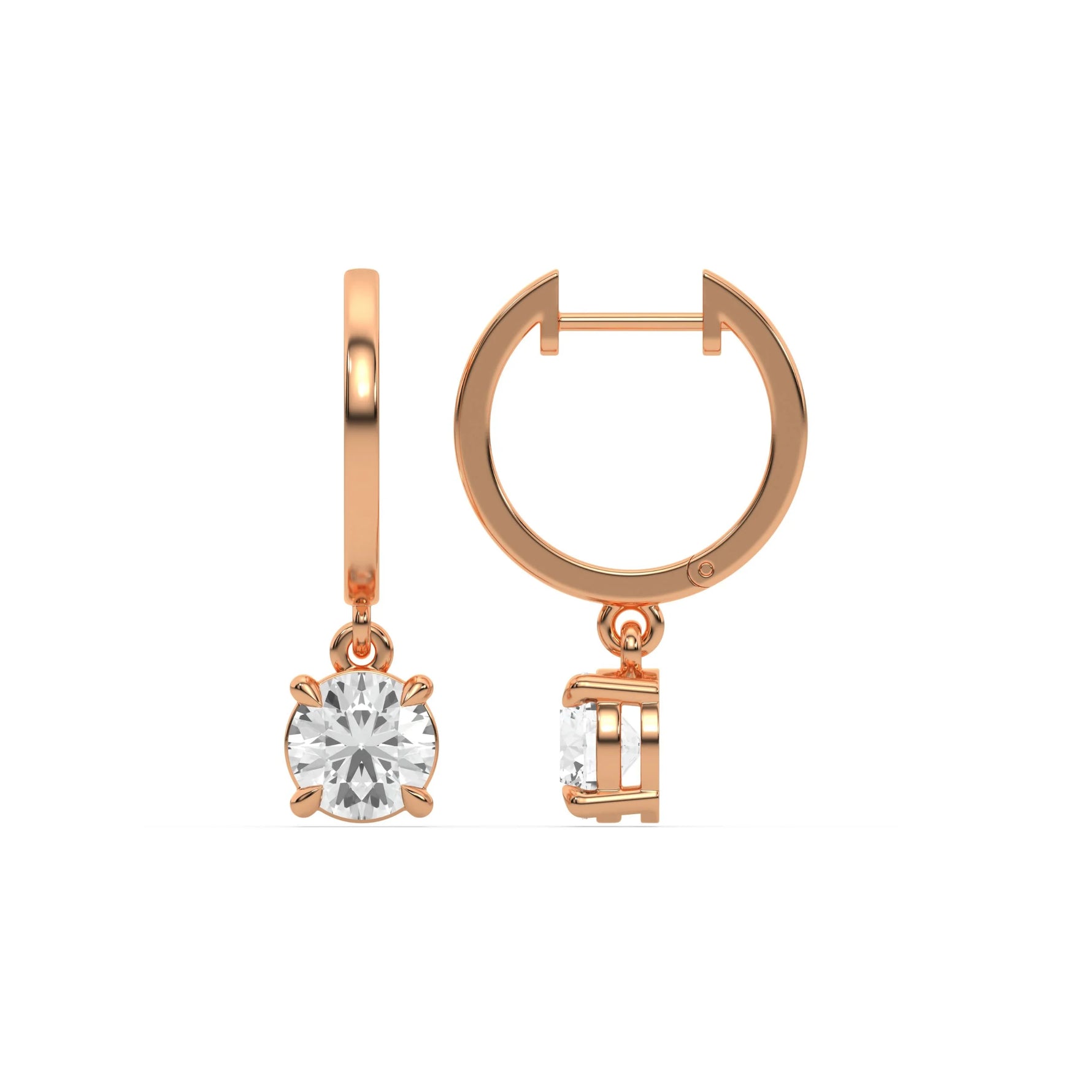 18k rose gold round cut diamond dangling hoop earrings in prongs setting