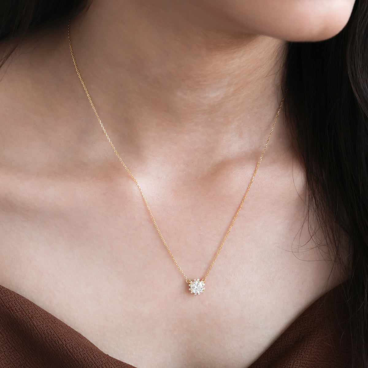Round Diamond Solitaire Cluster Necklace