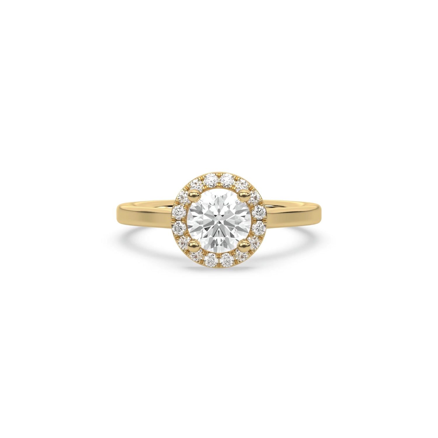 Front view of a round halo diamond engagement ring in yellow gold isolated on a white background.