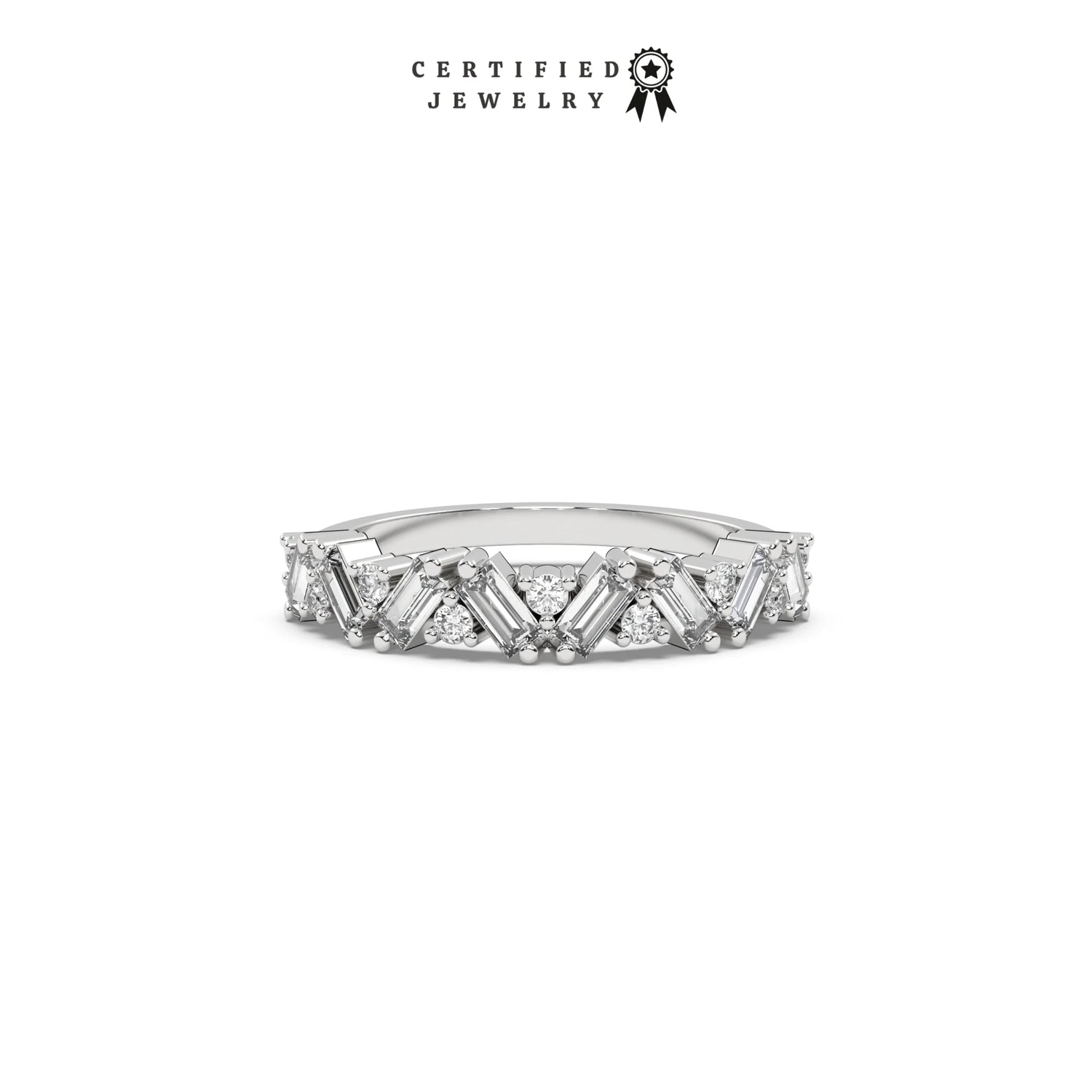 14K White Gold Round and Baguette Diamond Ring