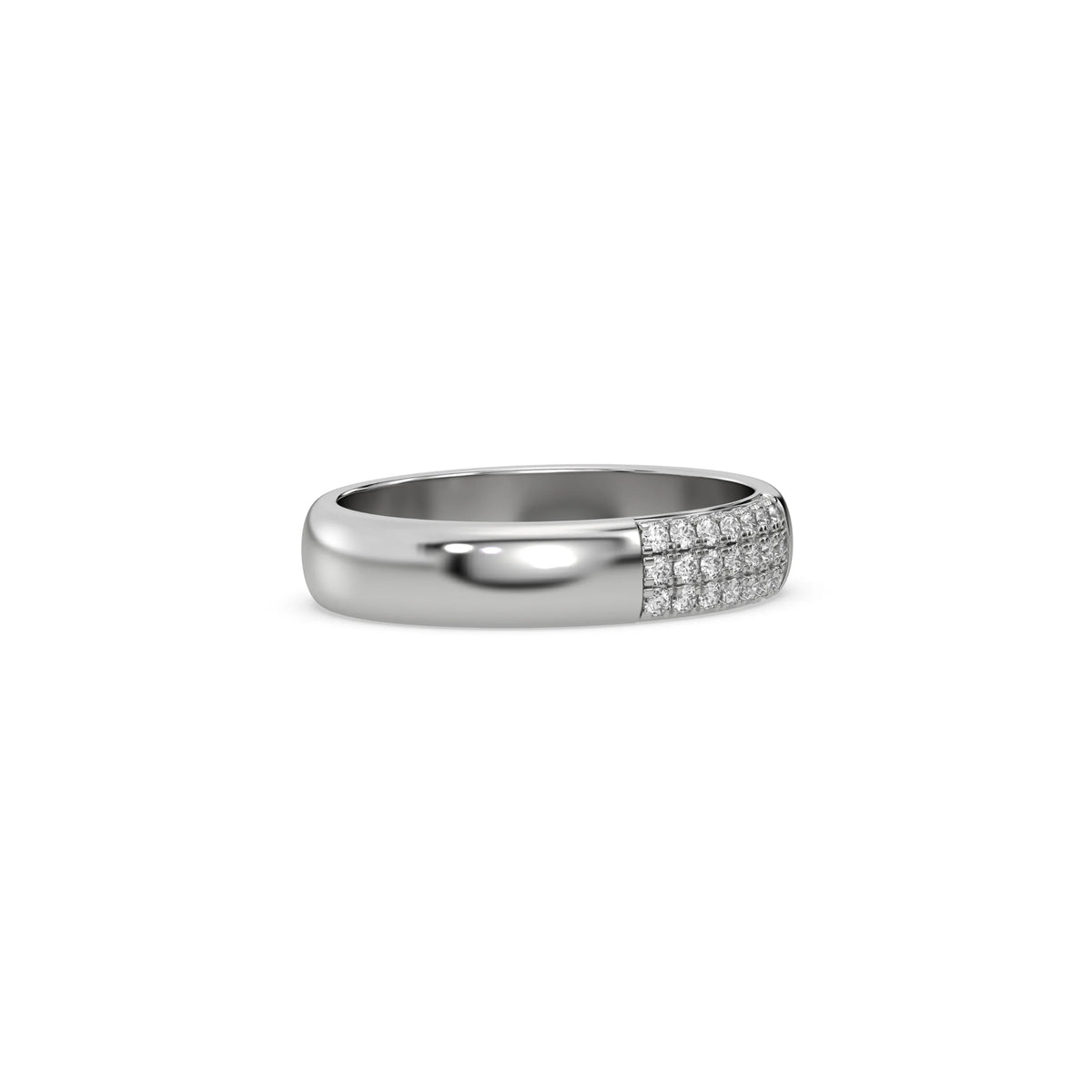 This white gold ring displayed in side view is made with round brilliant-cut diamond and set in a micro pave setting