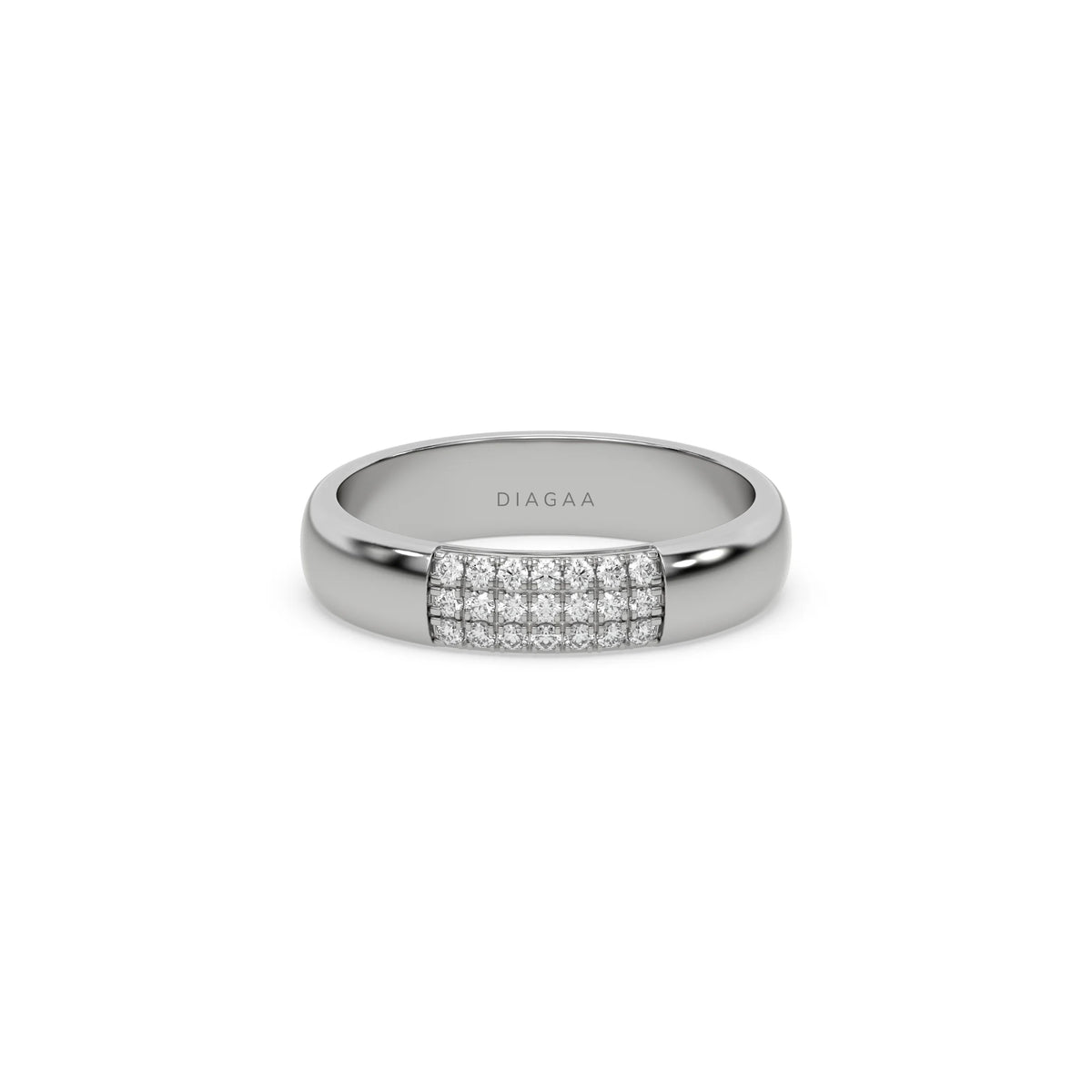 This white gold ring displayed in front view is made with round brilliant-cut diamond and set in a micro pave setting