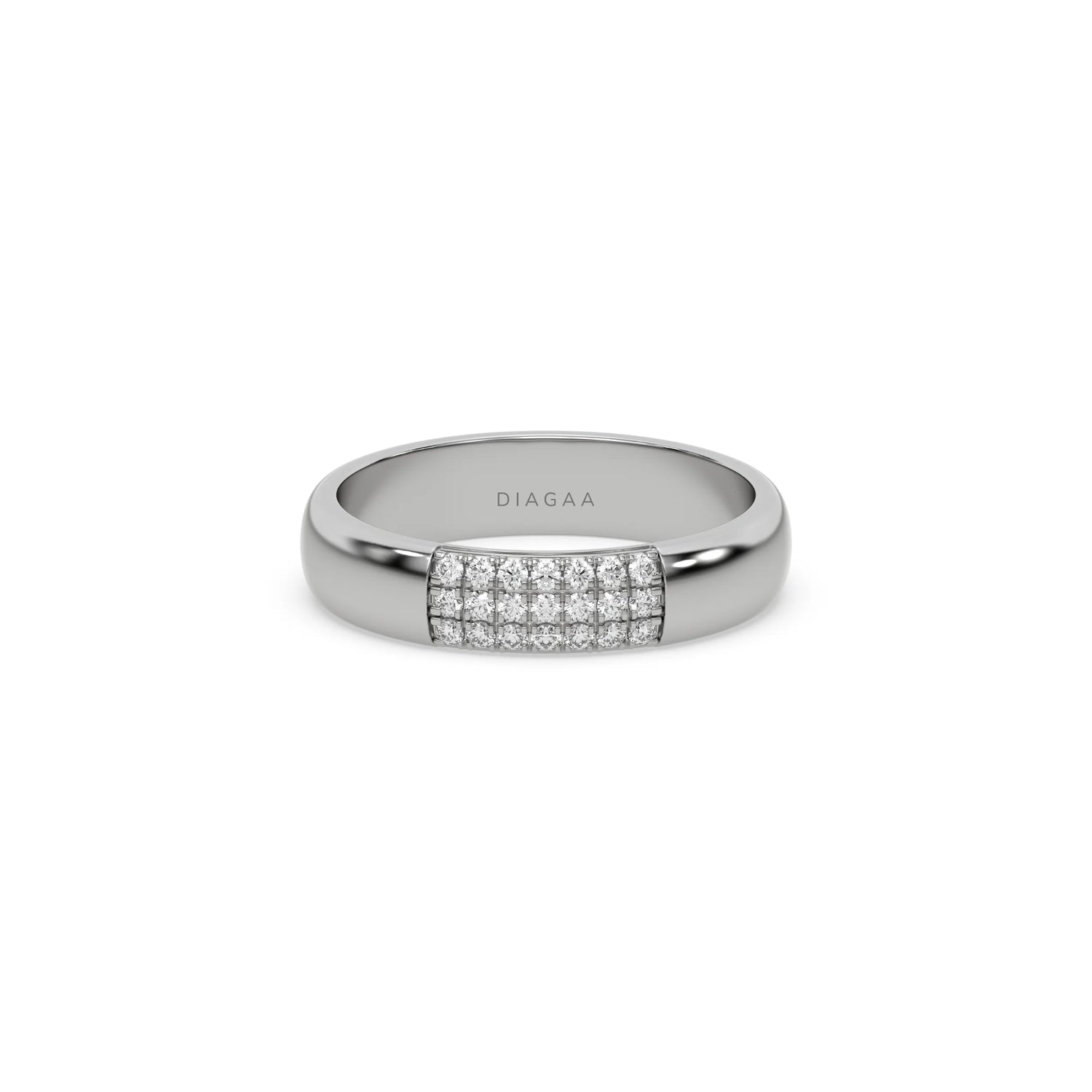 This white gold ring displayed in front view is made with round brilliant-cut diamond and set in a micro pave setting