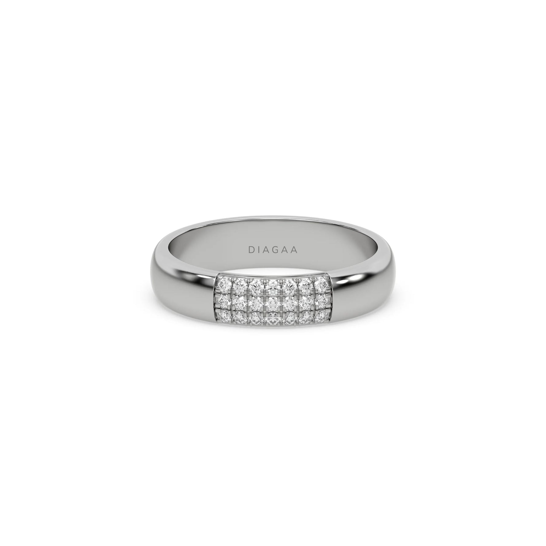 This white gold ring displayed in front view is made with round brilliant-cut diamond and set in a micro pave setting