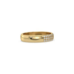 This yellow gold ring displayed in side view is made with round brilliant-cut diamond and set in a micro pave setting