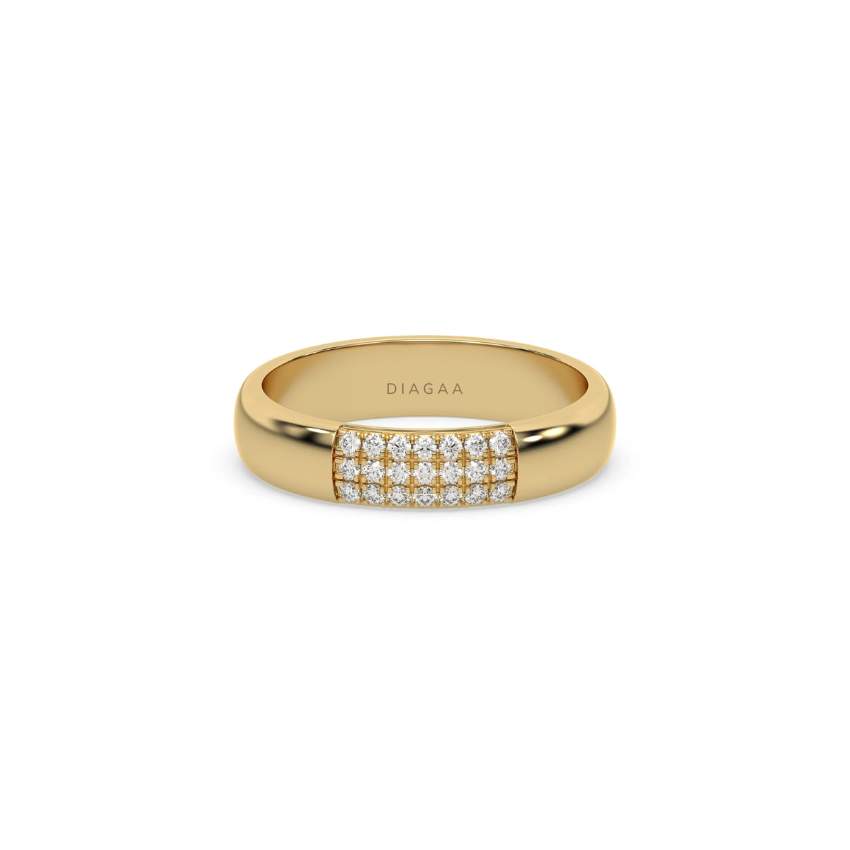 This yellow gold ring displayed in front view is made with round brilliant-cut diamond and set in a micro pave setting