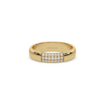 This yellow gold ring displayed in front view is made with round brilliant-cut diamond and set in a micro pave setting