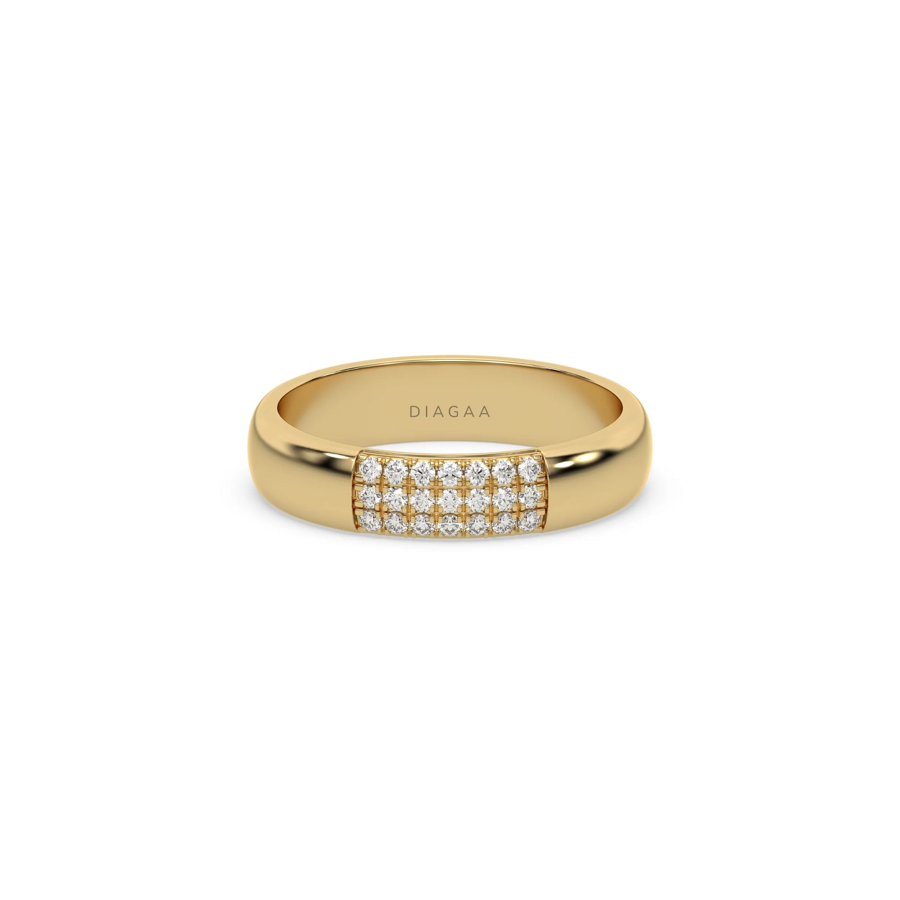 This yellow gold ring displayed in front view is made with round brilliant-cut diamond and set in a micro pave setting