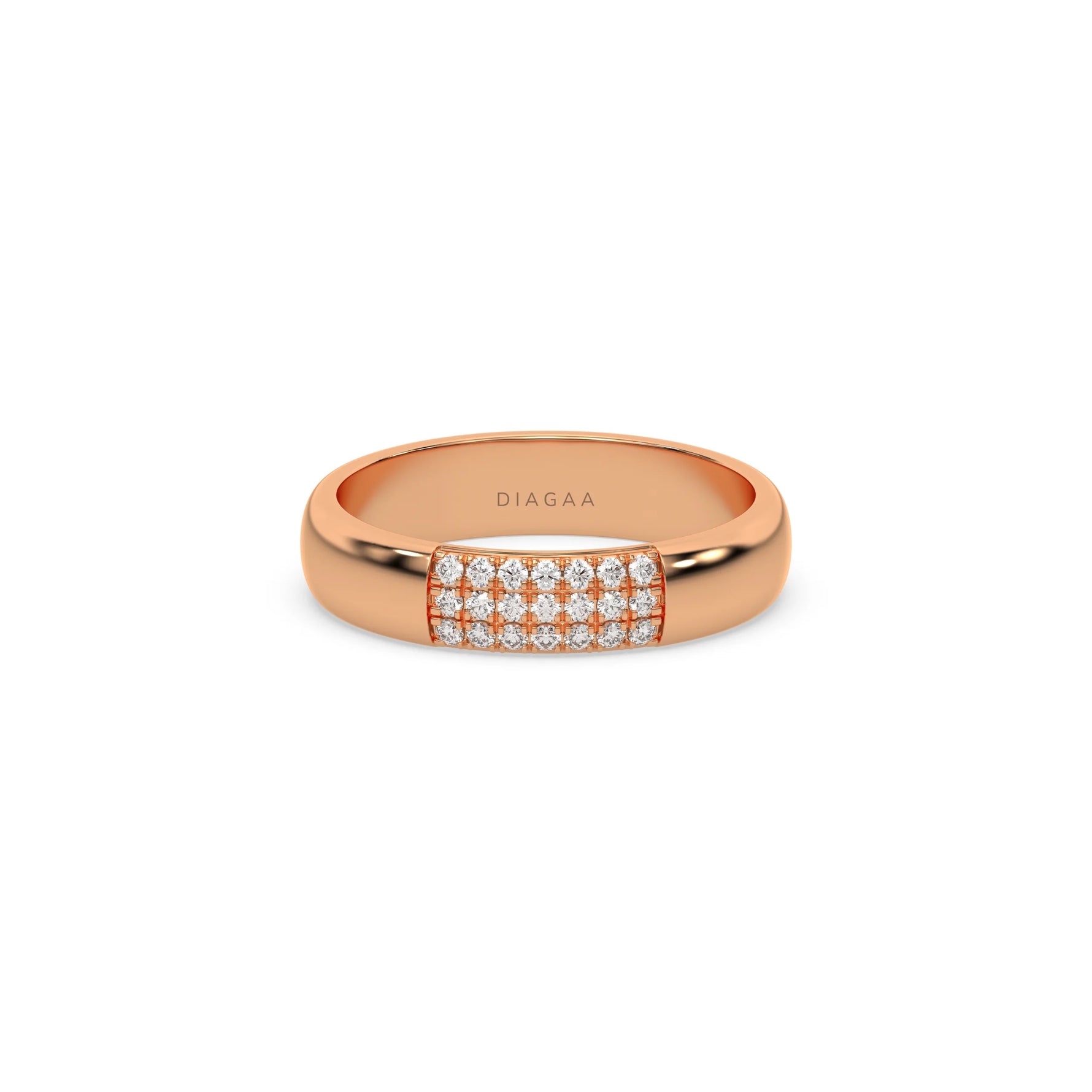 This rose gold ring displayed in front view is made with round brilliant-cut diamond and set in a micro pave setting