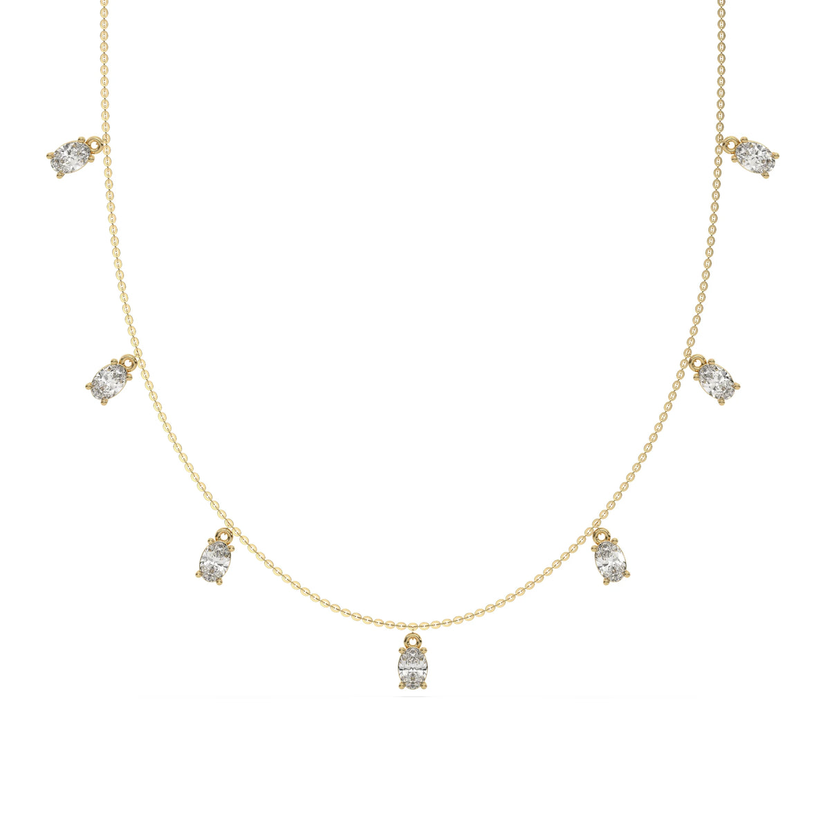 Oval Dangling Diamond Necklace made with seven oval cut diamonds each set in a prong setting, distributed evenly along the chain