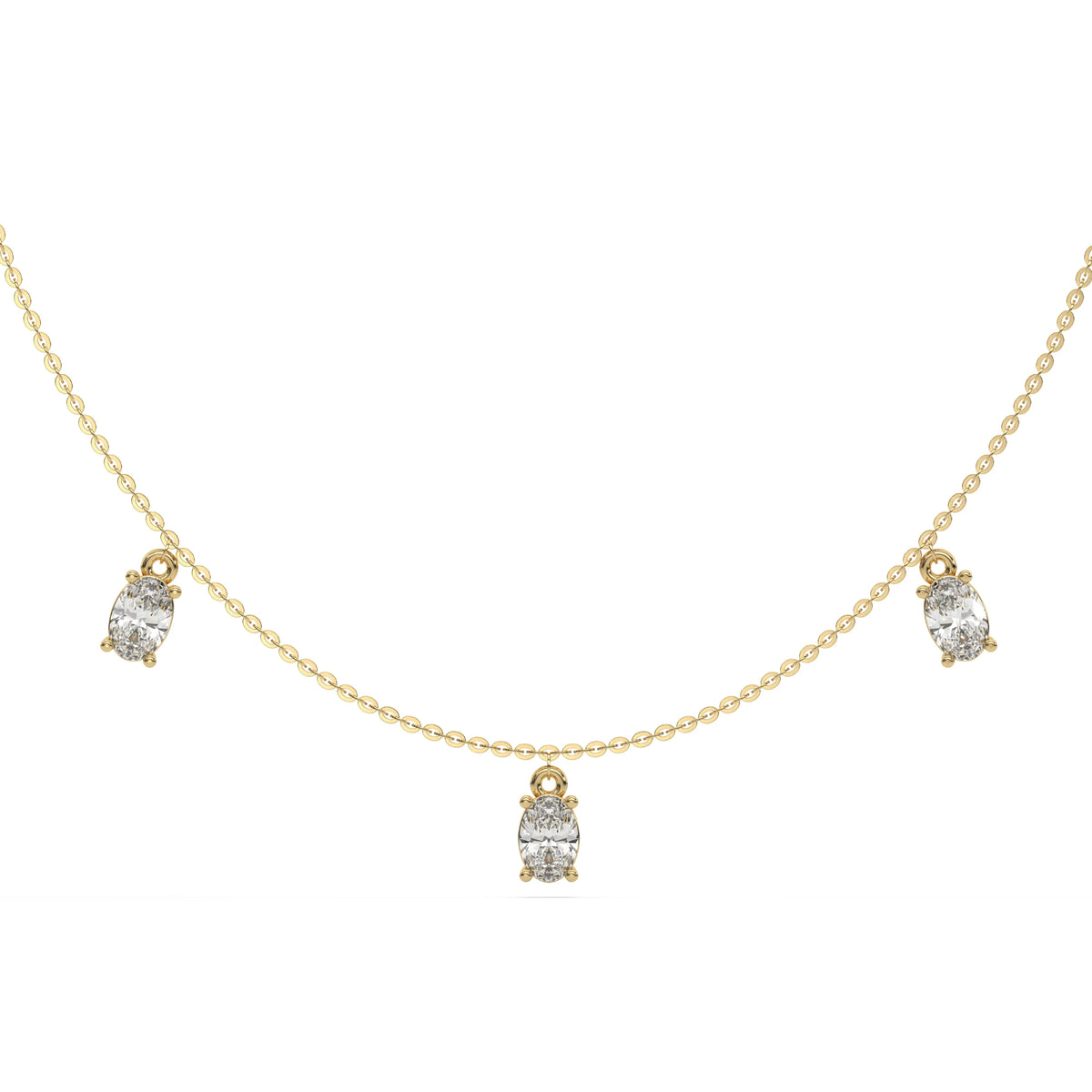 Oval Dangling Diamond Necklace made with seven oval cut diamonds each set in a prong setting, distributed evenly along the chain