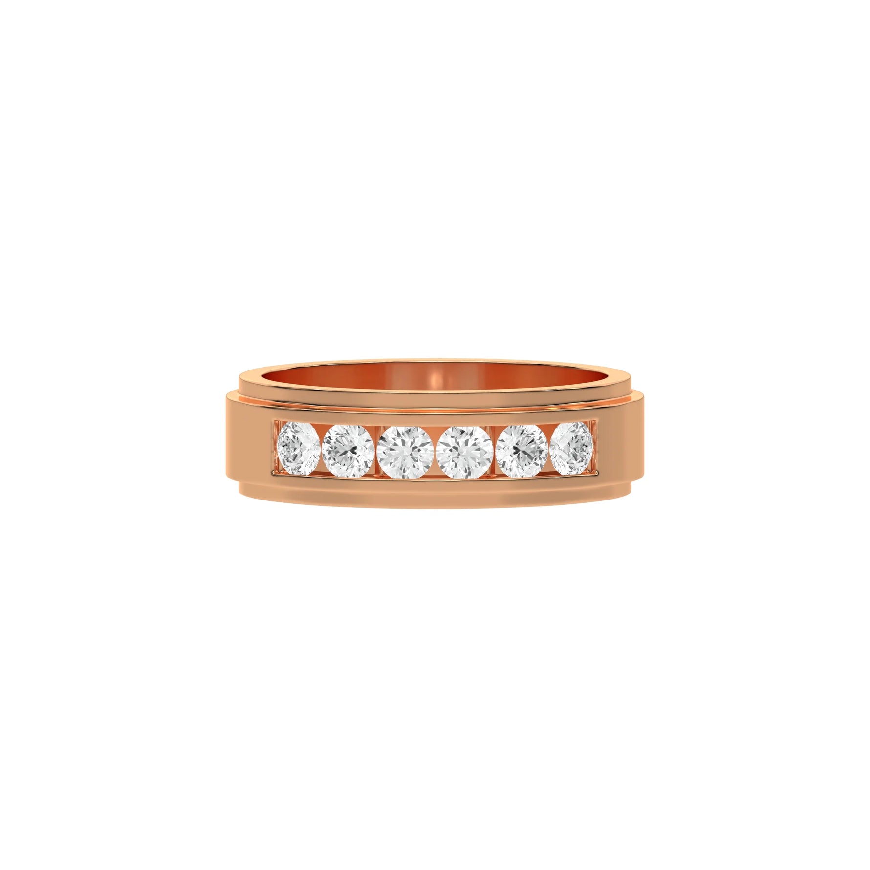 This men six-stone diamond ring is crafted from solid gold, featuring six round brilliant-cut diamonds meticulously set in a channel setting in top view