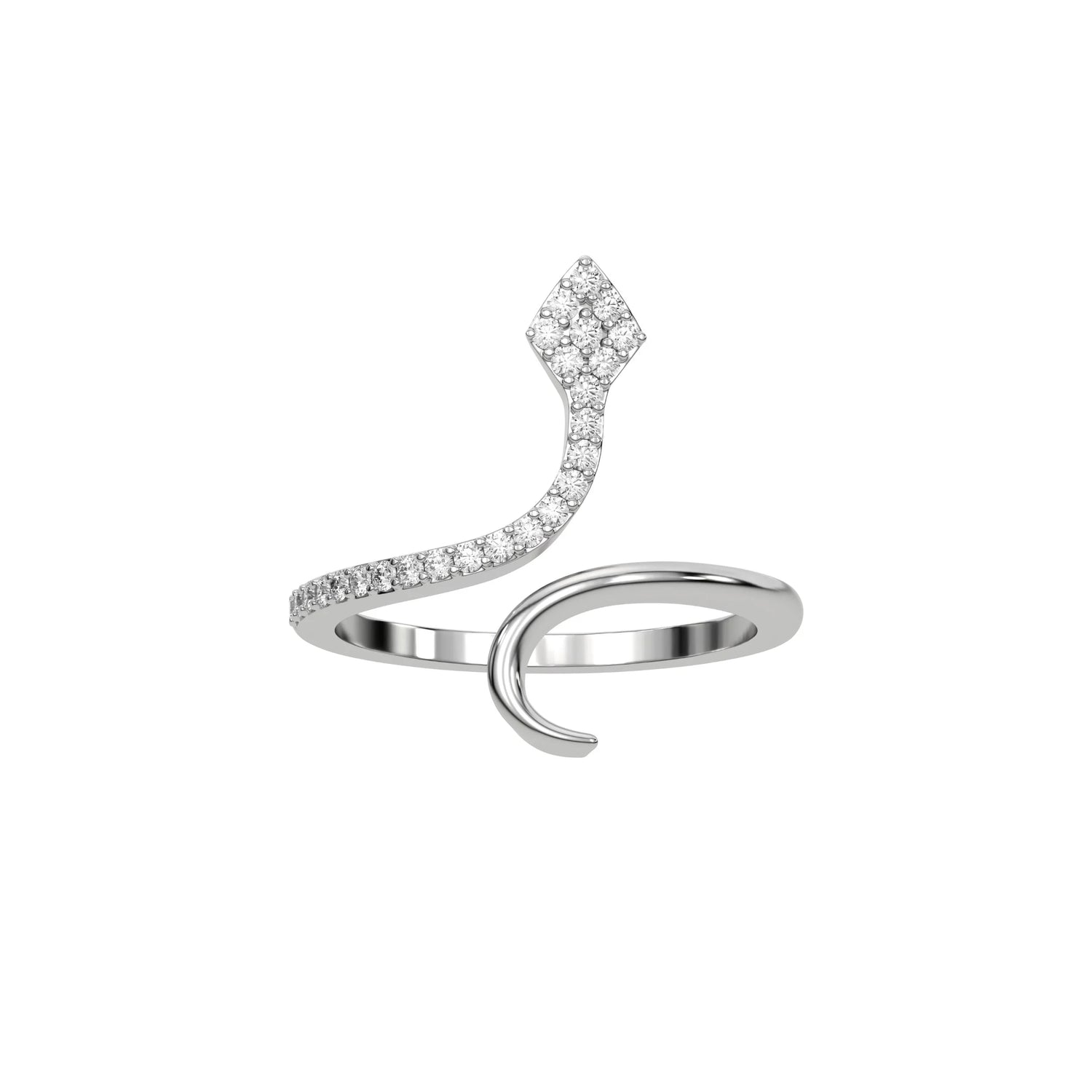 white gold snake ring featuring a diamond pave serpent head and sparkling half-band, set against a white background.