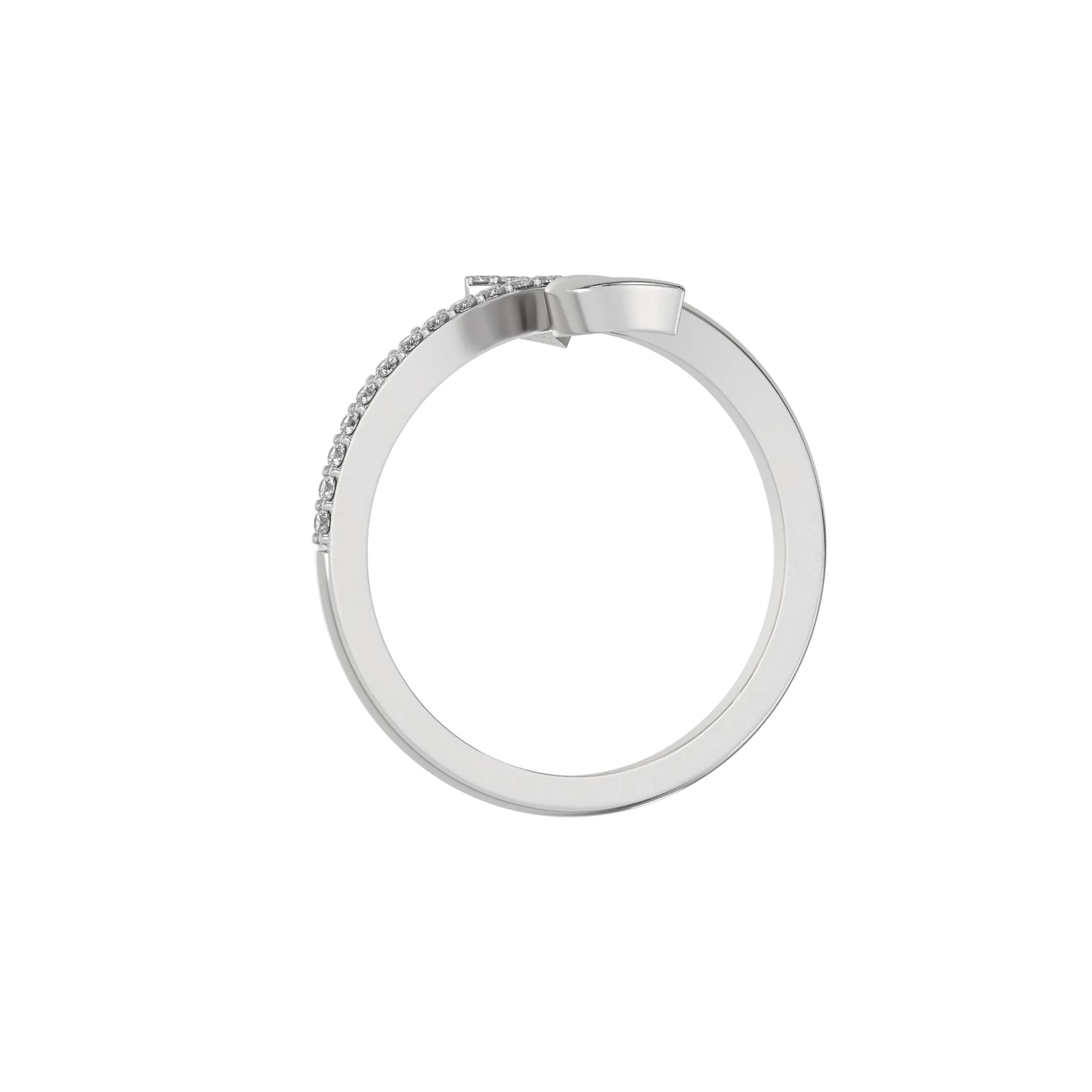 This white gold Snake Twist Round Diamond Ring made with brilliant cut round diamonds and set in a beautiful micro pave setting in through finger view