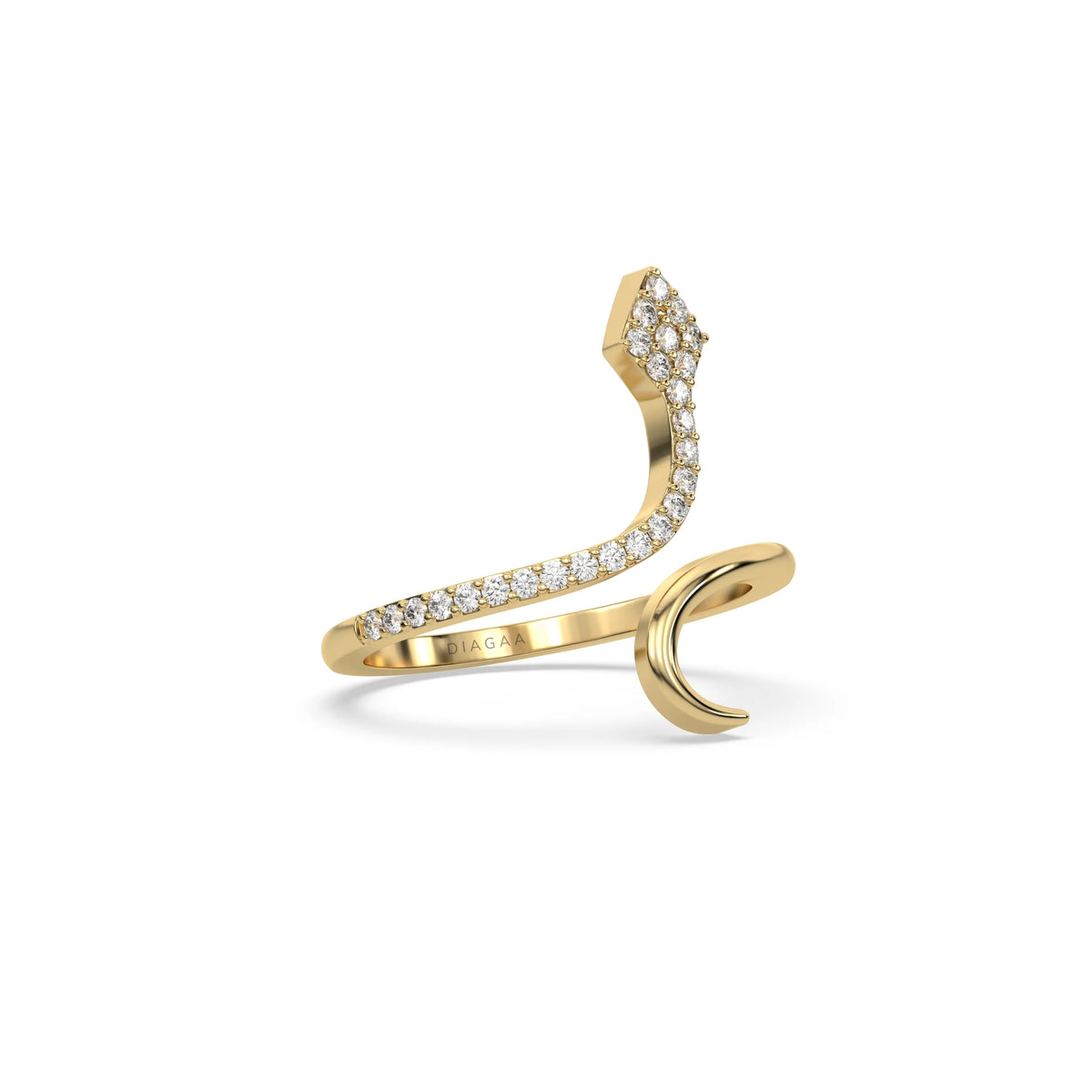 This yellow gold ring displayed in side view is made with brilliant cut round diamonds and set in a beautiful micro pave setting