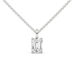 This white gold pendant features an emerald-cut diamond set securely in a four-prong setting in top view