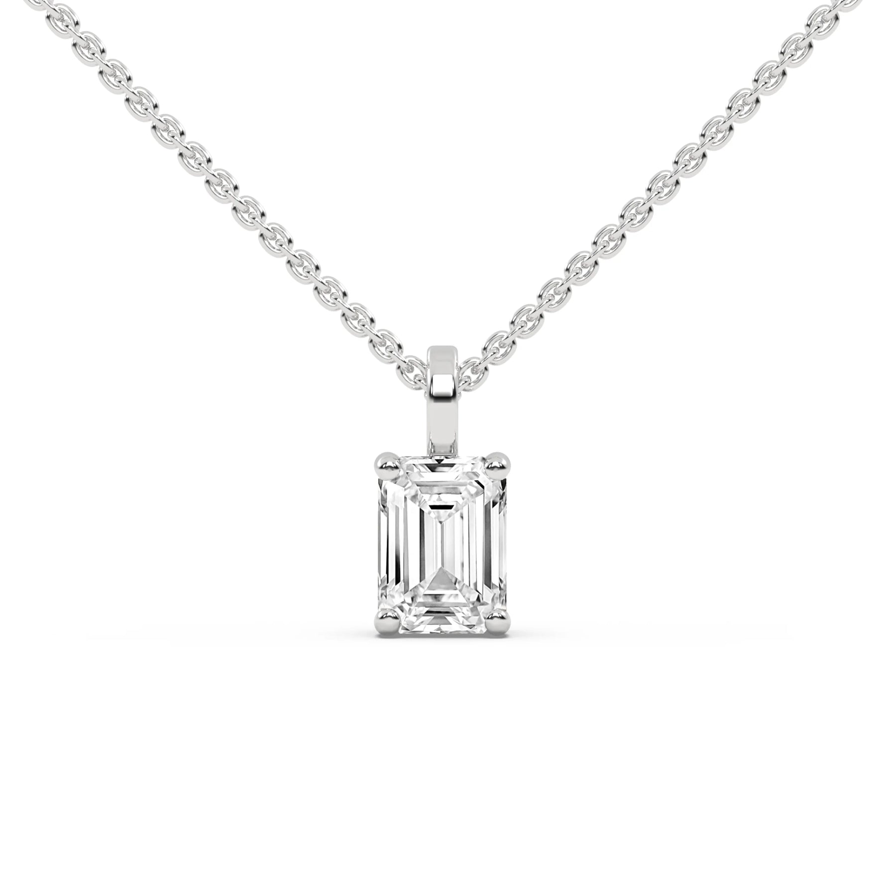 This white gold pendant features an emerald-cut diamond set securely in a four-prong setting in top view