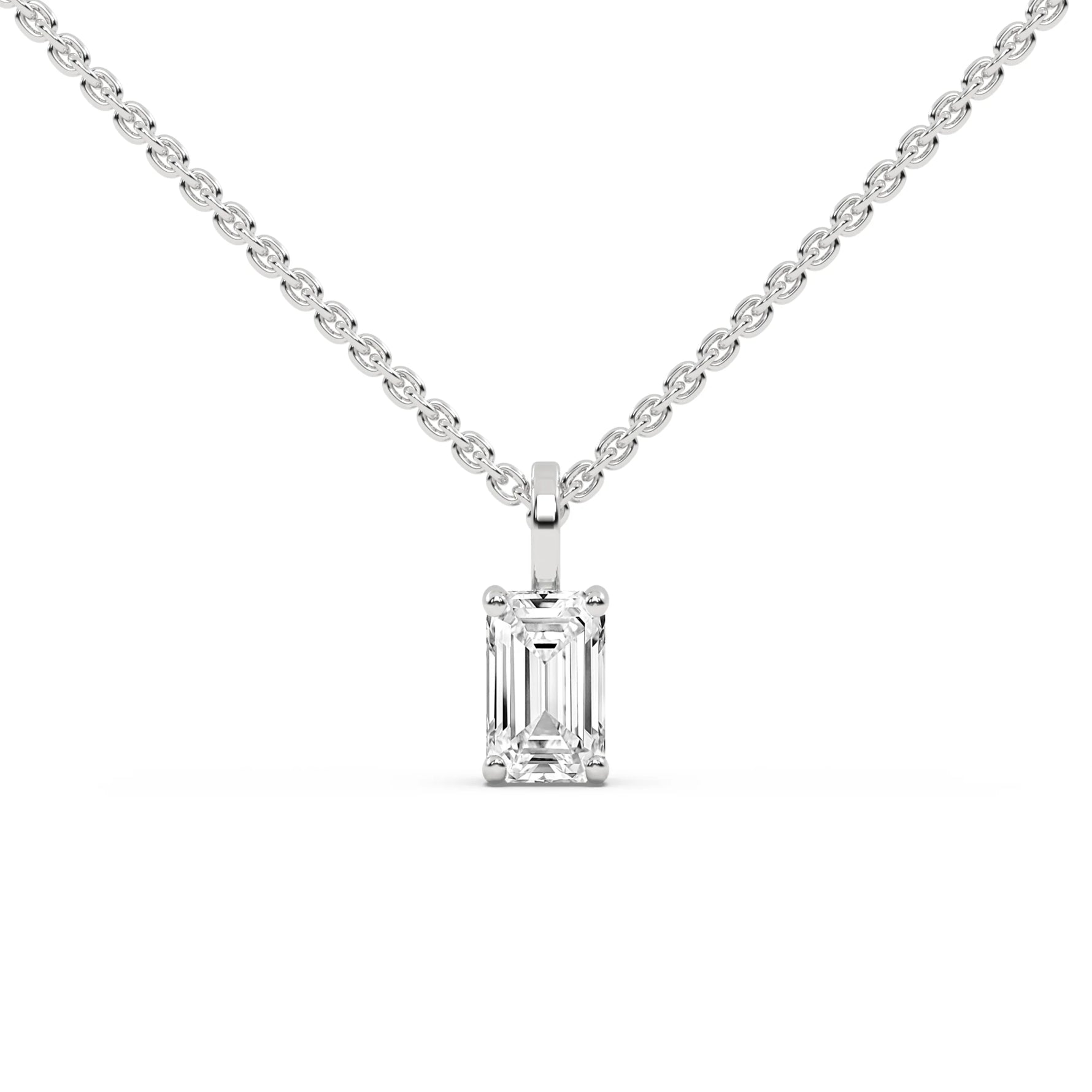 This white gold pendant features an emerald-cut diamond set securely in a four-prong setting in top view