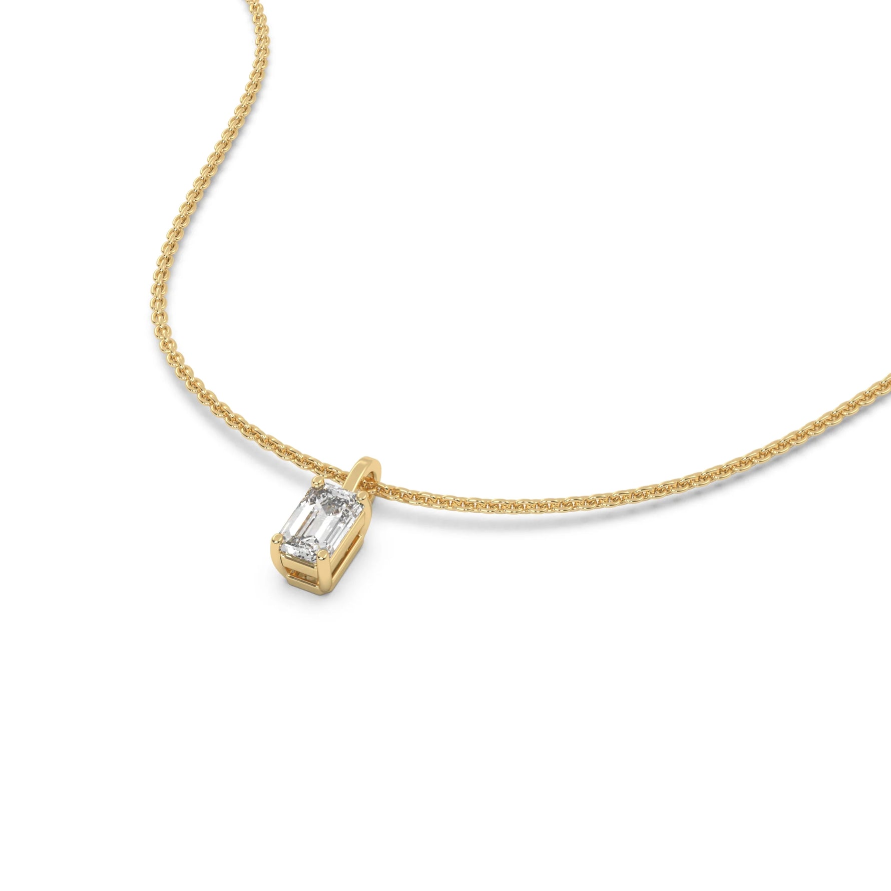 This yellow gold pendant features an emerald-cut diamond set securely in a four-prong setting in 3D view