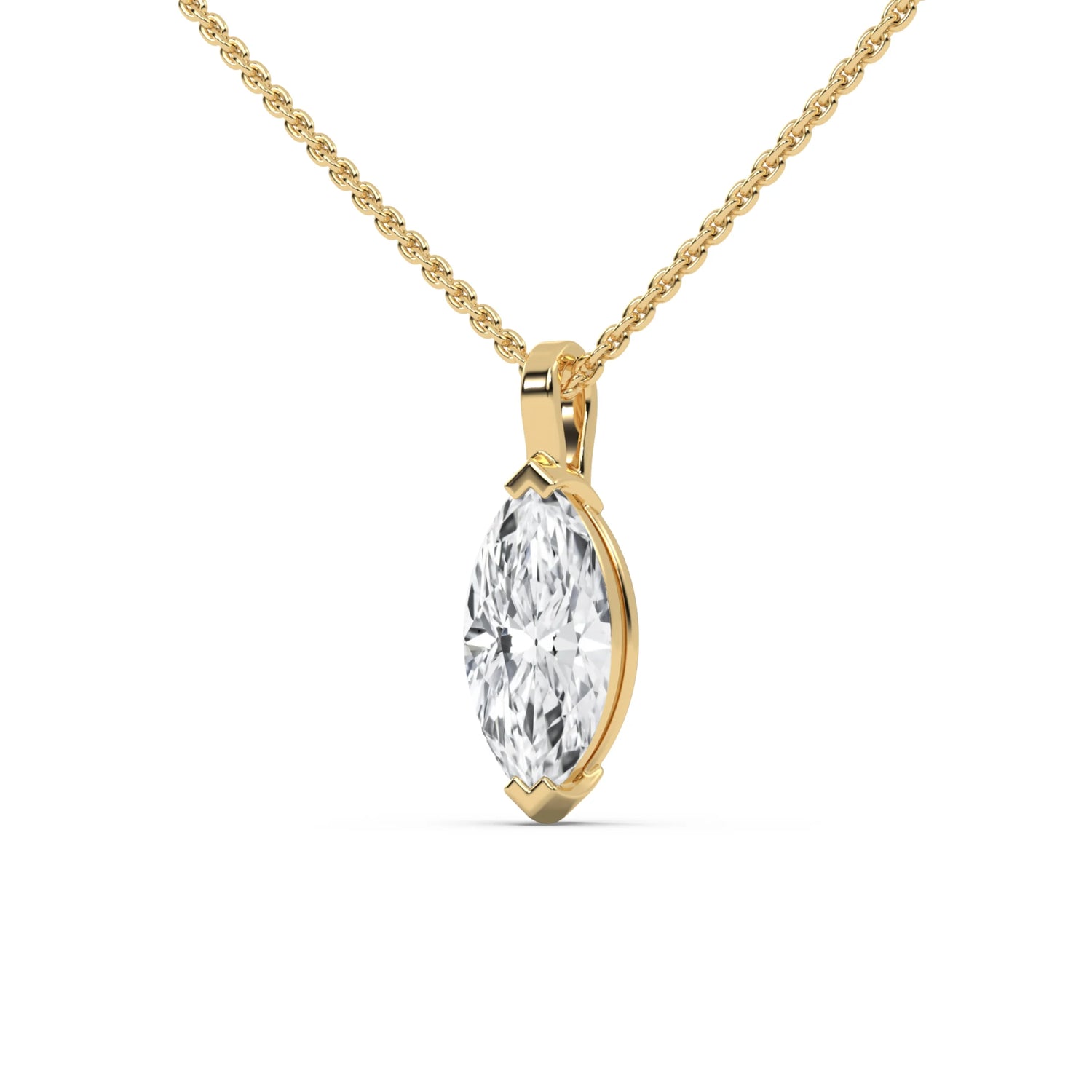 This yellow gold necklace highlights a marquise diamond, skillfully secured in a setting with two V prongs in side view