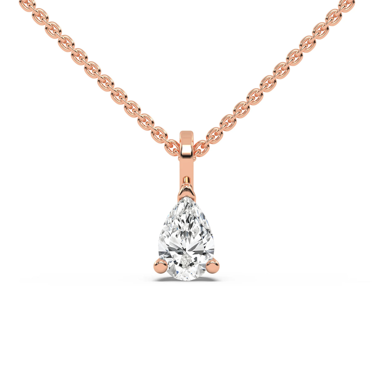 This rose gold classic design features an pear diamond delicately secured by three prongs in top view