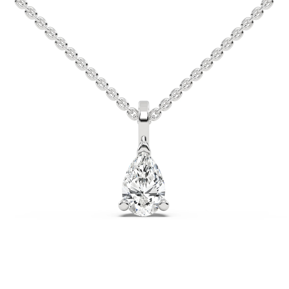 This white gold classic design features an pear diamond delicately secured by three prongs in top view