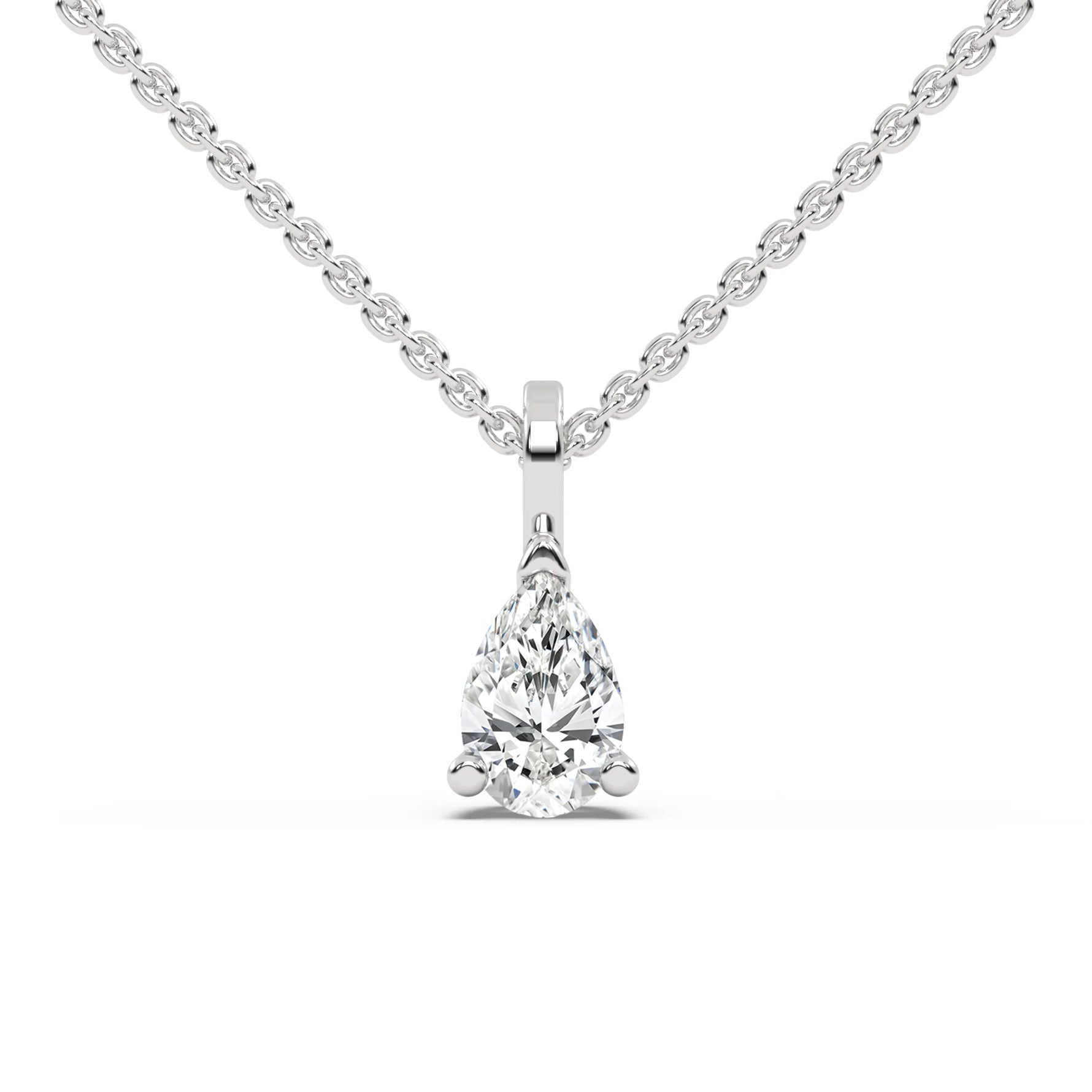 This white gold classic design features an pear diamond delicately secured by three prongs in top view