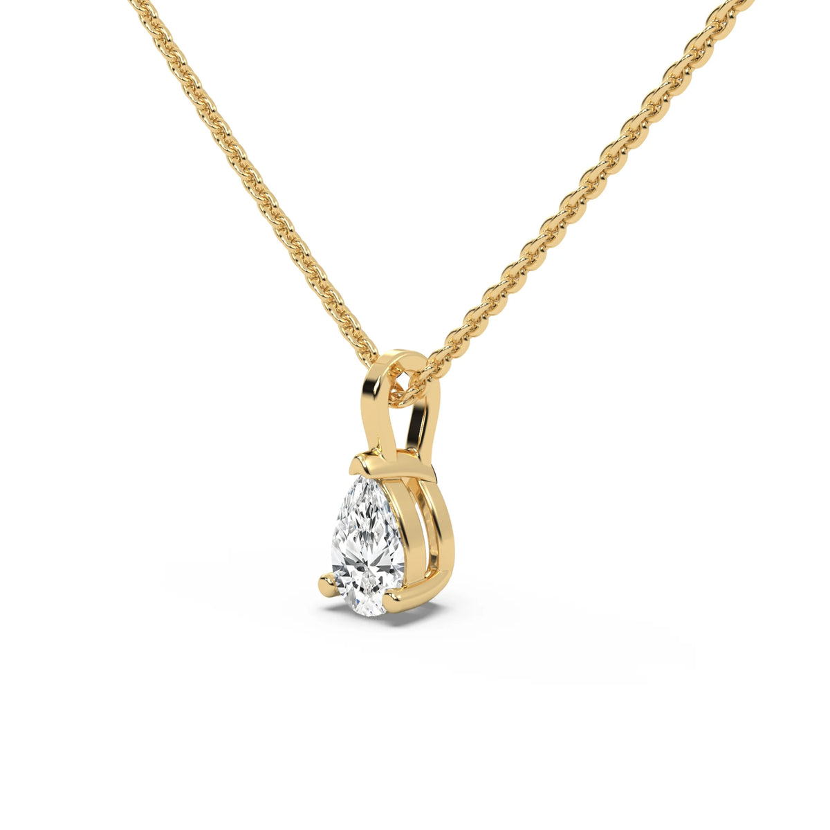 This yellow gold classic design features an pear diamond delicately secured by three prongs in side view