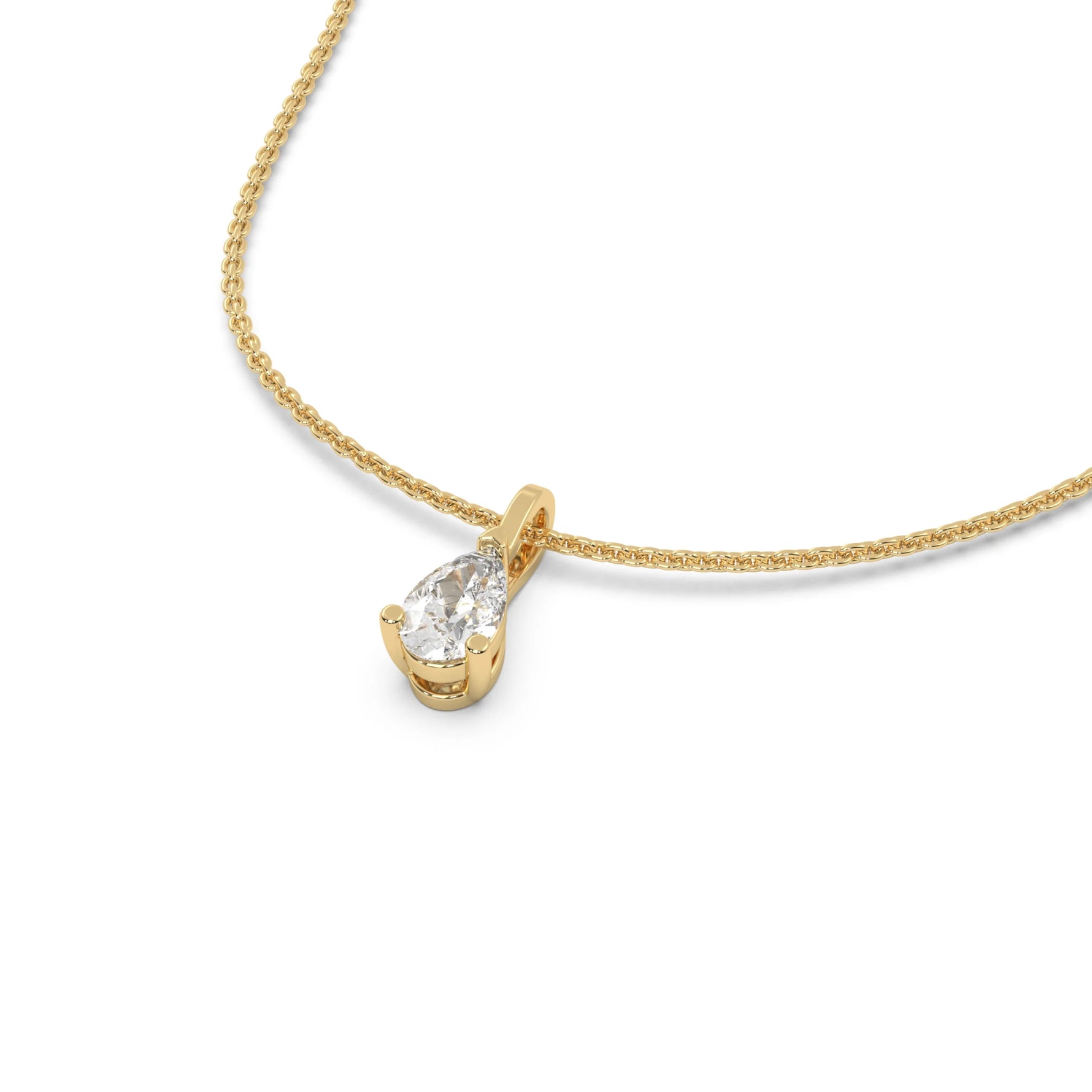 This yellow gold classic design features an pear diamond delicately secured by three prongs in 3D view