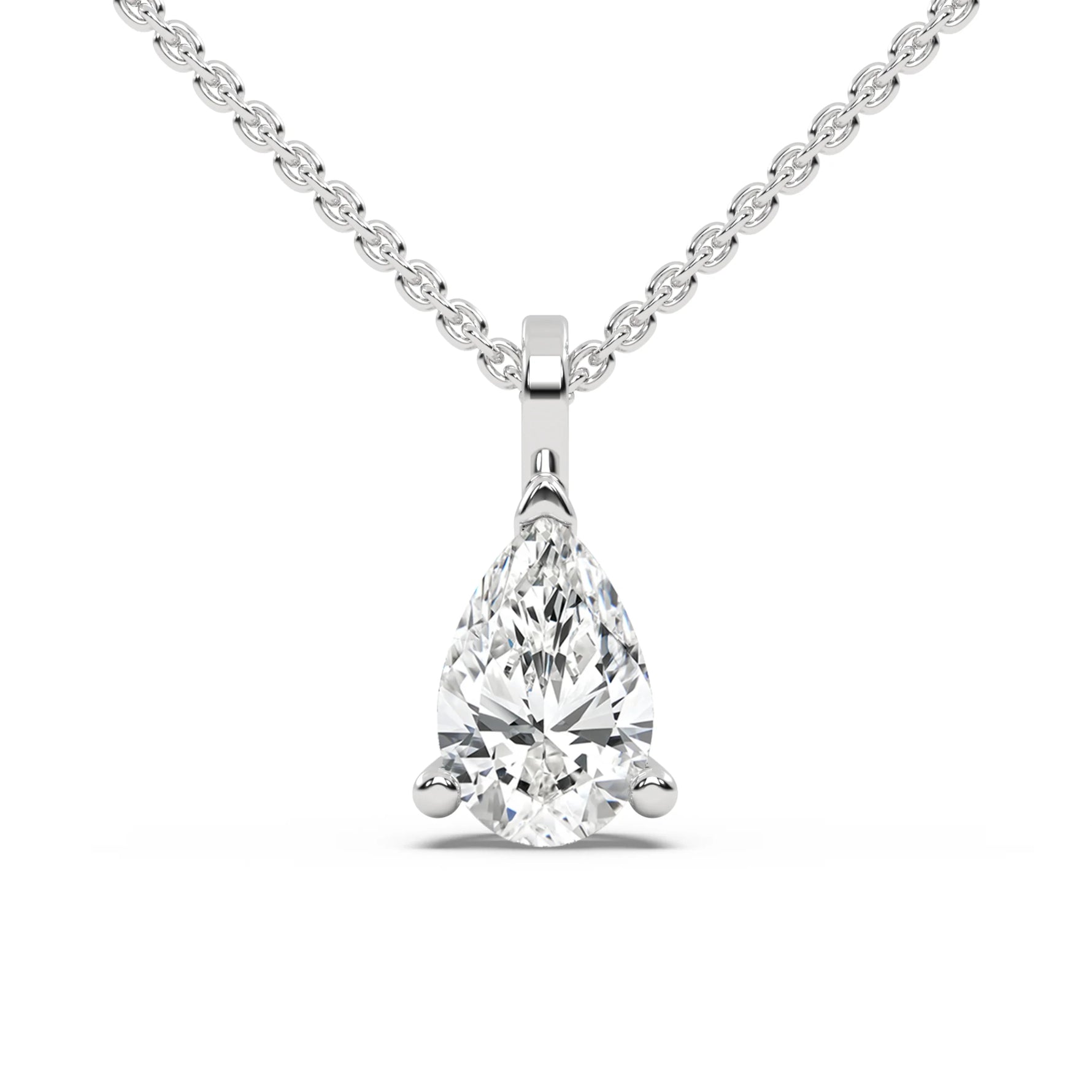 This white gold classic design features an pear diamond delicately secured by three prongs in top view