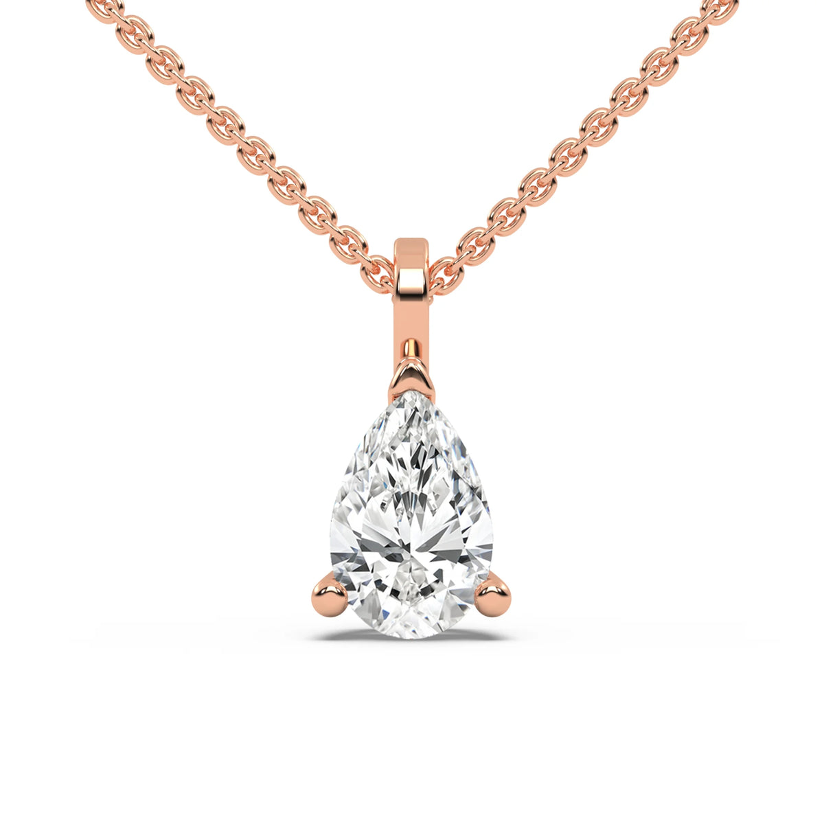 This rose gold classic design features an pear diamond delicately secured by three prongs in top view