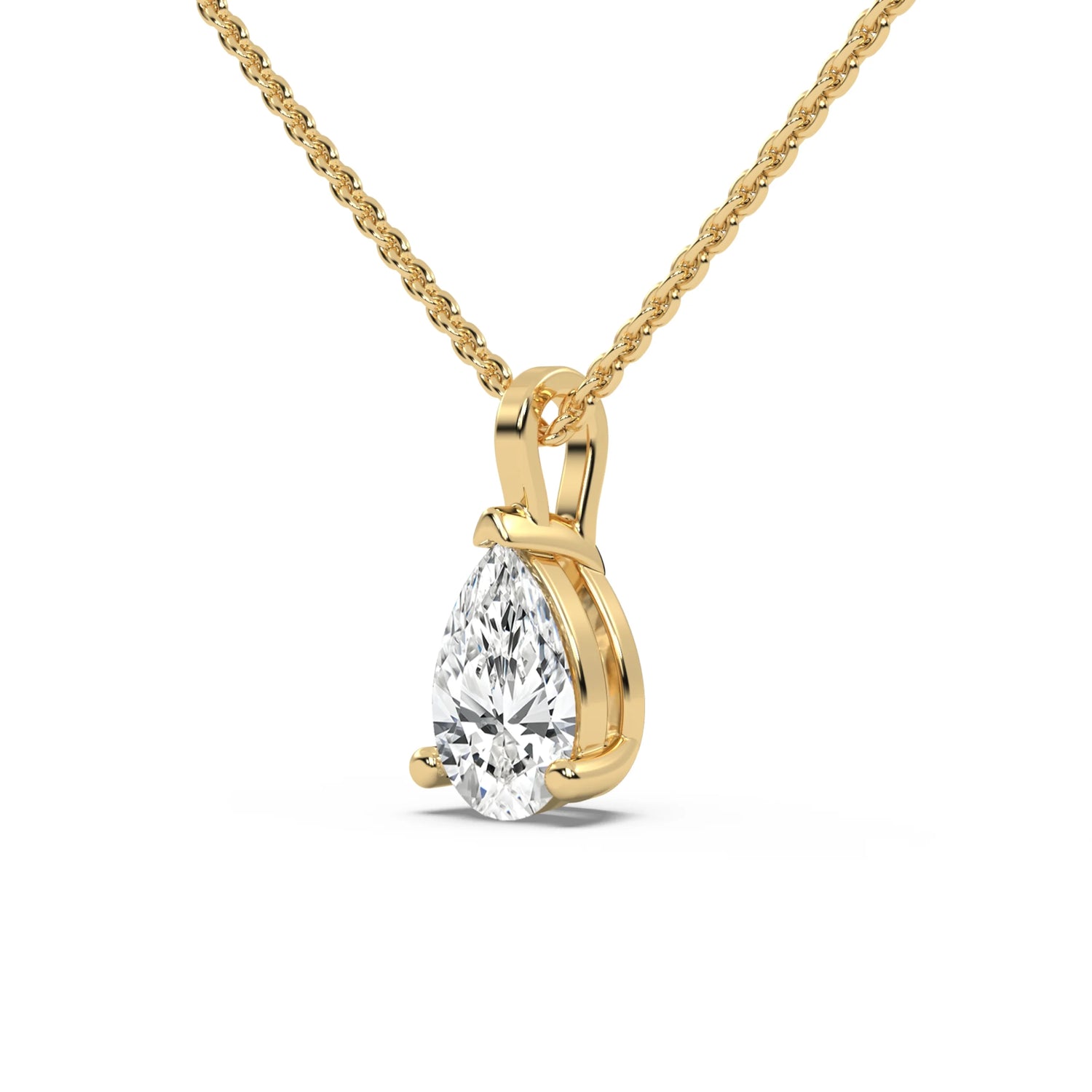 This yellow gold classic design features an pear diamond delicately secured by three prongs in side view