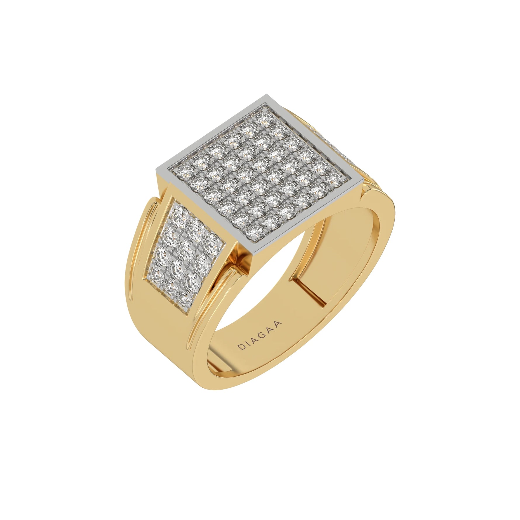 This yellow gold Square shape diamond signet ring made with a cluster of round brilliant-cut diamonds arranged to form a square shape in 3d view