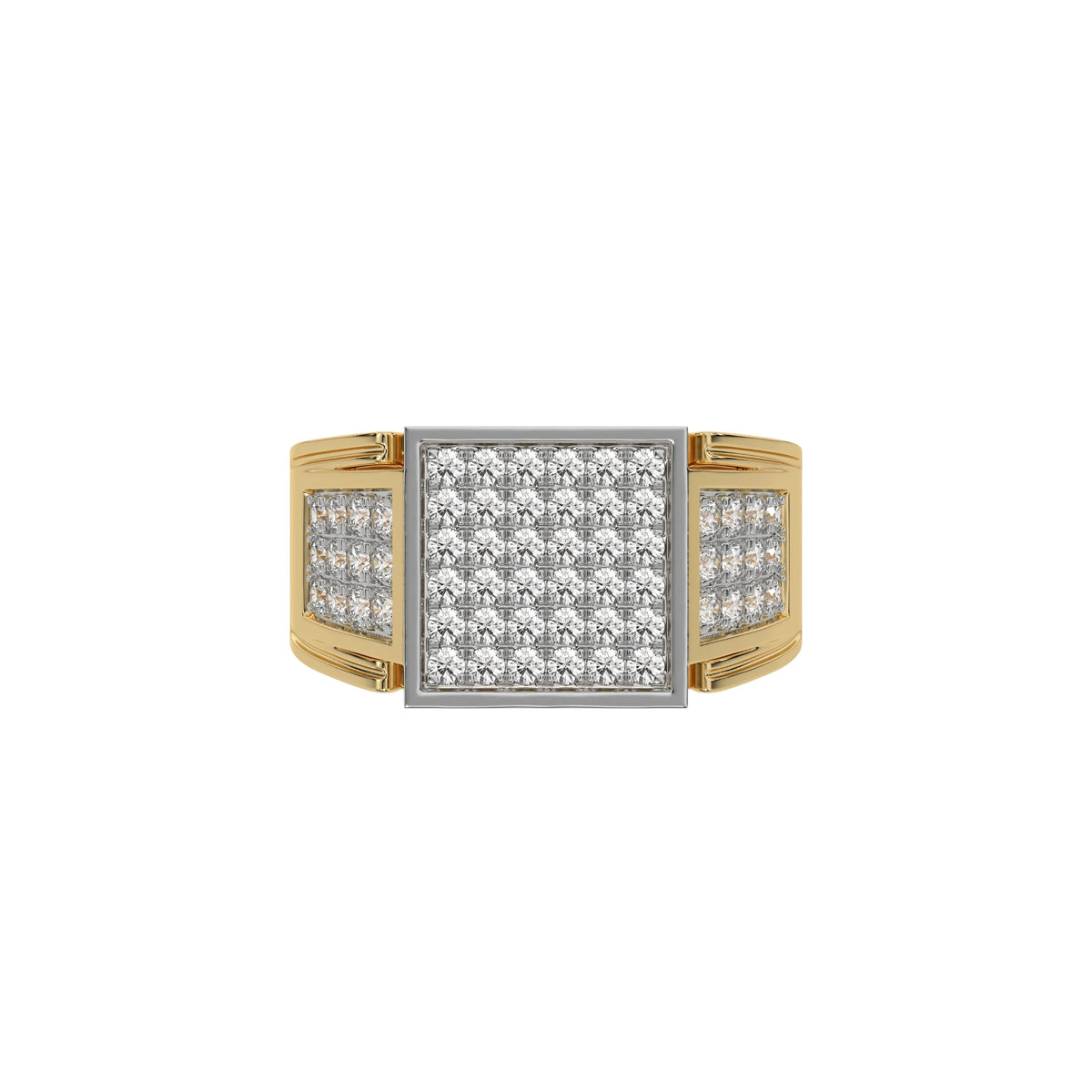 This yellow gold Square shape diamond signet ring made with a cluster of round brilliant-cut diamonds arranged to form a square shape in top view