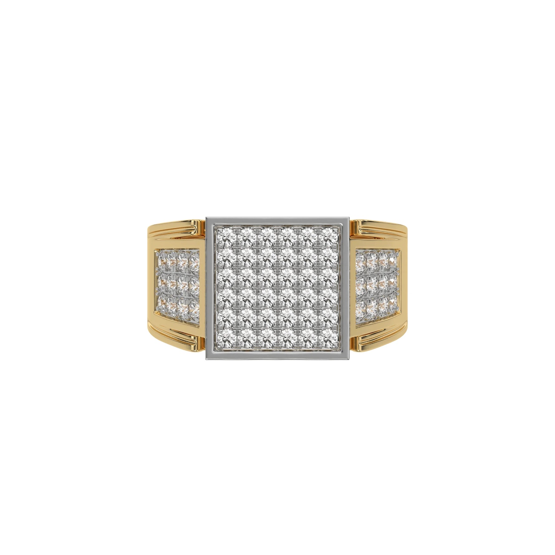 This yellow gold Square shape diamond signet ring made with a cluster of round brilliant-cut diamonds arranged to form a square shape in top view