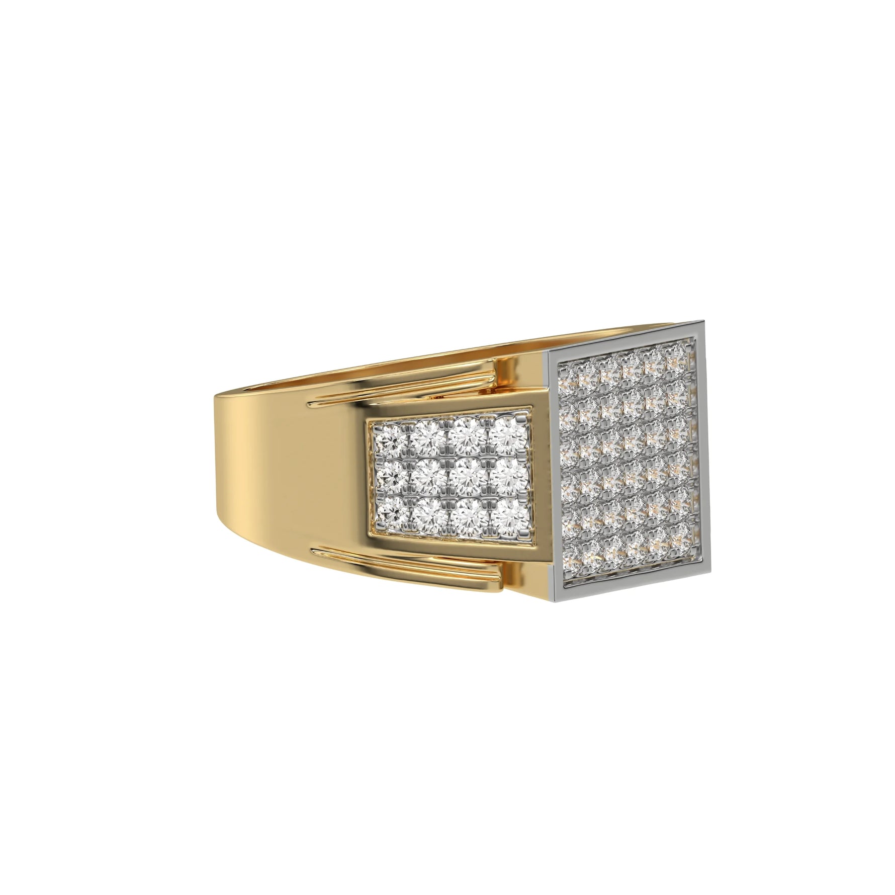 This yellow gold Square shape diamond signet ring made with a cluster of round brilliant-cut diamonds arranged to form a square shape in side view