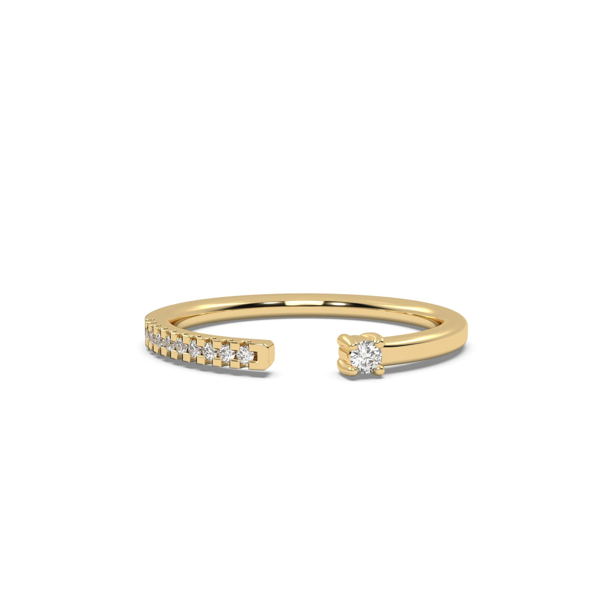 This yellow gold Diamond ring featuring an open gap in the center. One side with a round solitaire held by four prongs, while the other side sparkles with 10 round diamonds set in a pave setting in top view