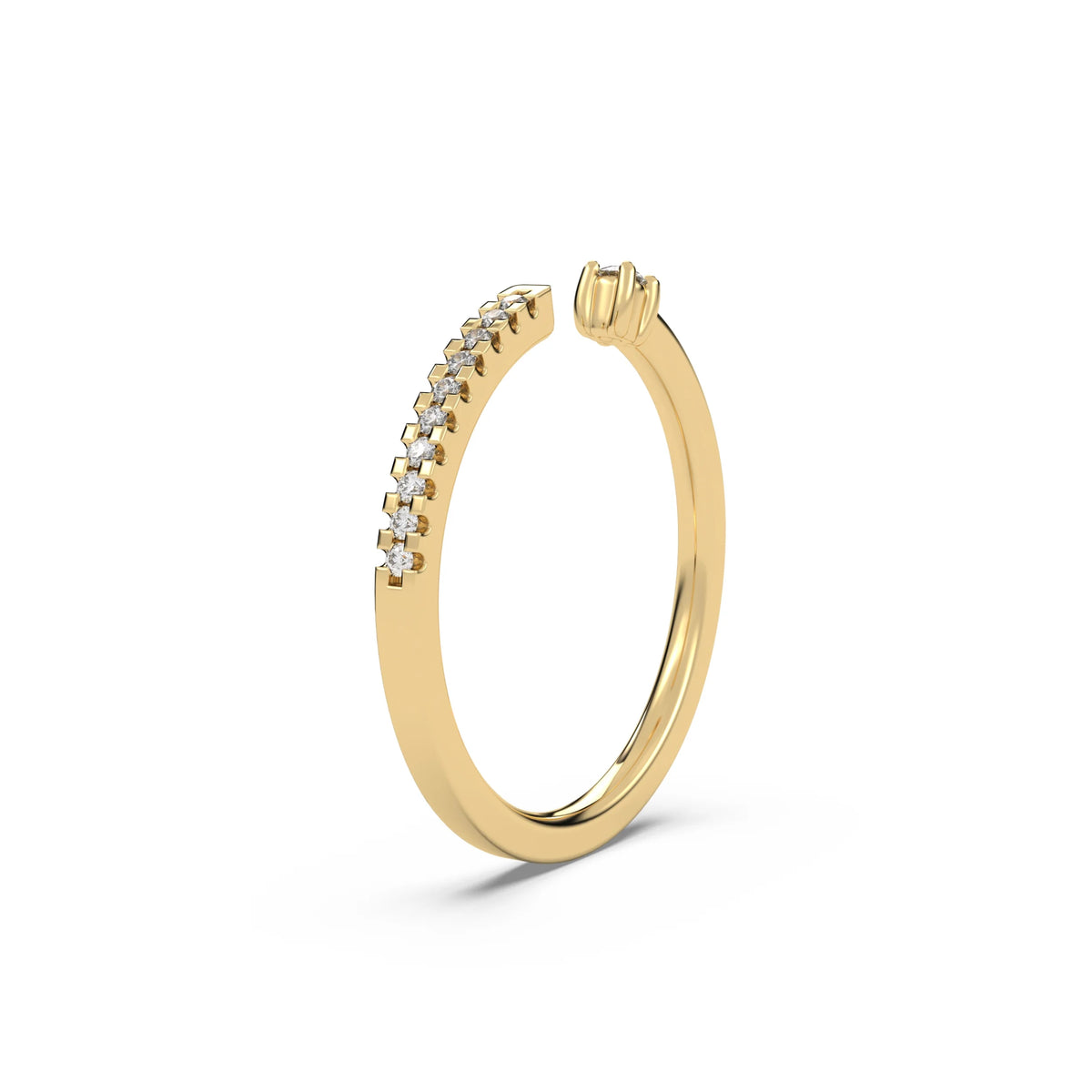 This yellow gold Diamond ring featuring an open gap in the center. One side with a round solitaire held by four prongs, while the other side sparkles with 10 round diamonds set in a pave setting in side view