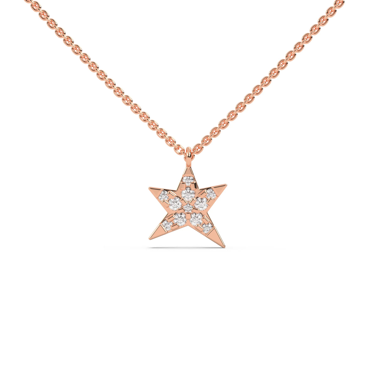 This rose gold pendant is shaped like a star, made with round diamonds in pave setting in top view