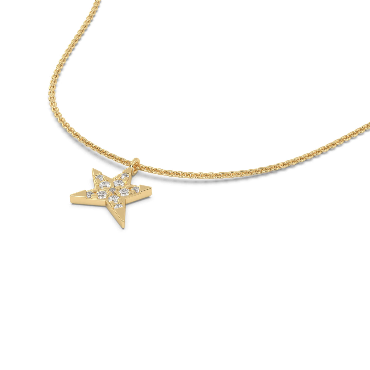 This yellow gold pendant is shaped like a star, made with round diamonds in pave setting in 3D view