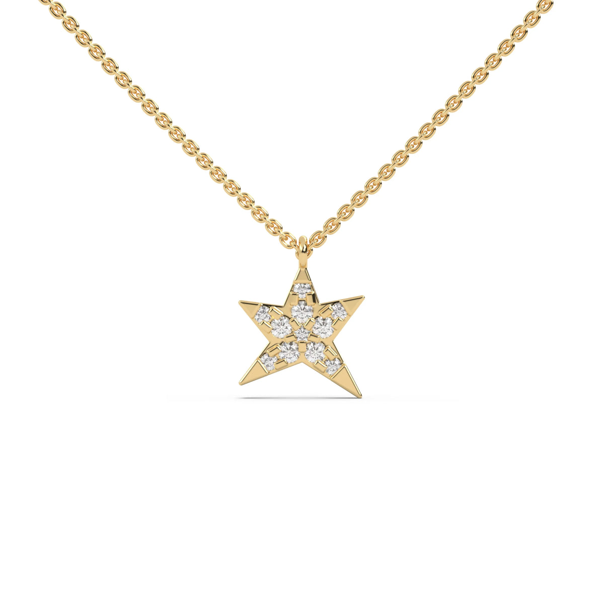 This yellow gold pendant is shaped like a star, made with round diamonds in pave setting in top view