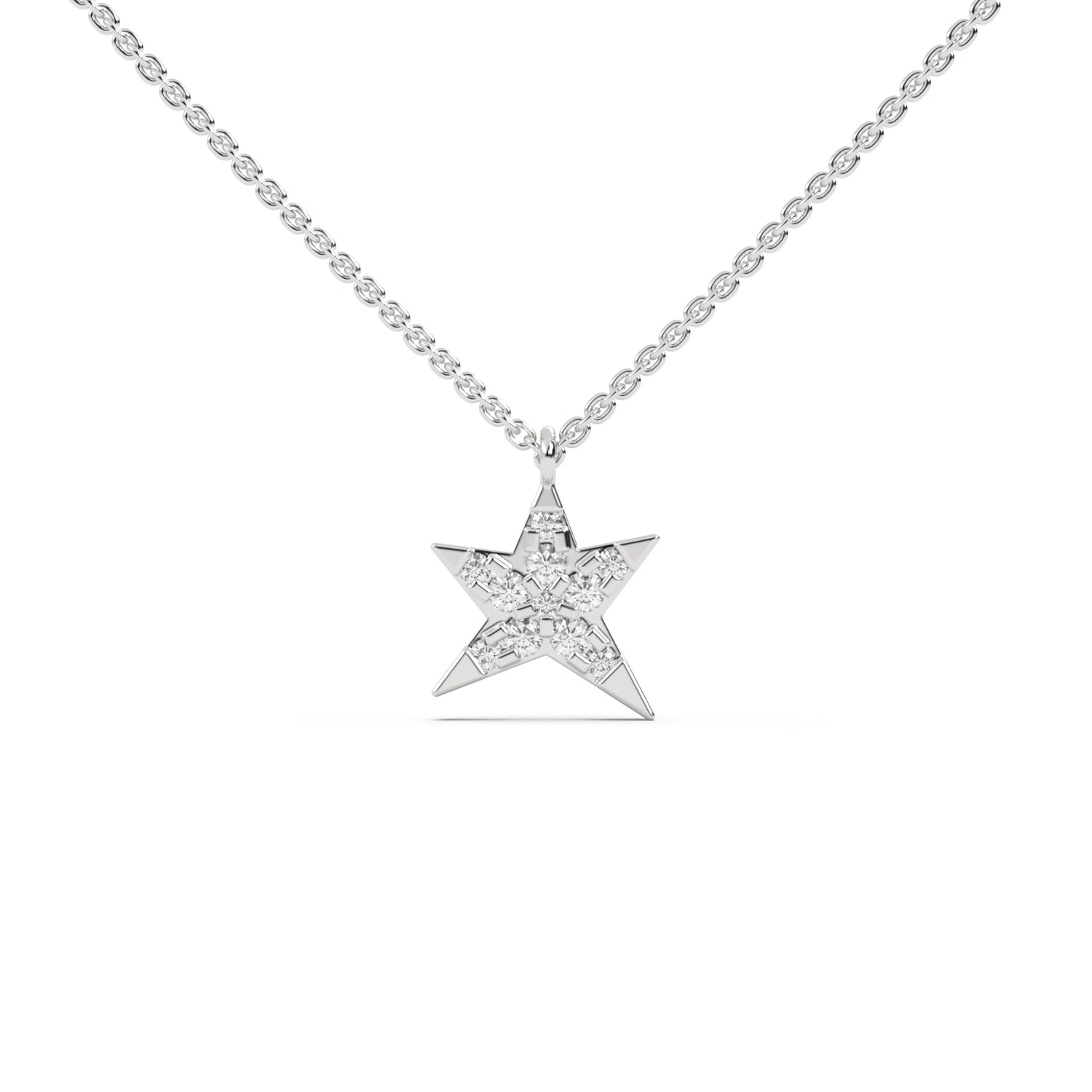 This white gold pendant is shaped like a star, made with round diamonds in pave setting in top view