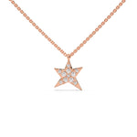 This rose gold pendant is shaped like a star, made with round diamonds in pave setting in top view